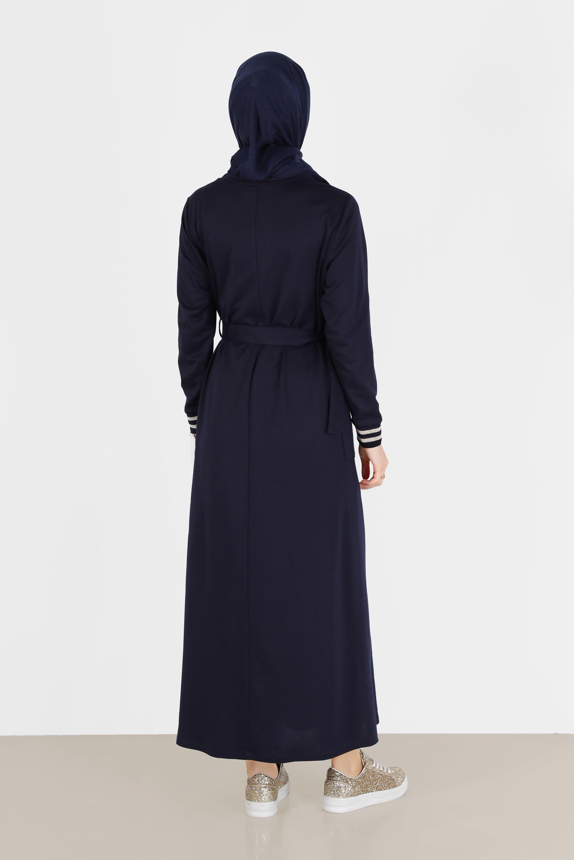 Tesettür giyim LACİVERT MANŞETLERİ LASTİKLİ BELİ KUŞAKLI ELBİSE 42410 