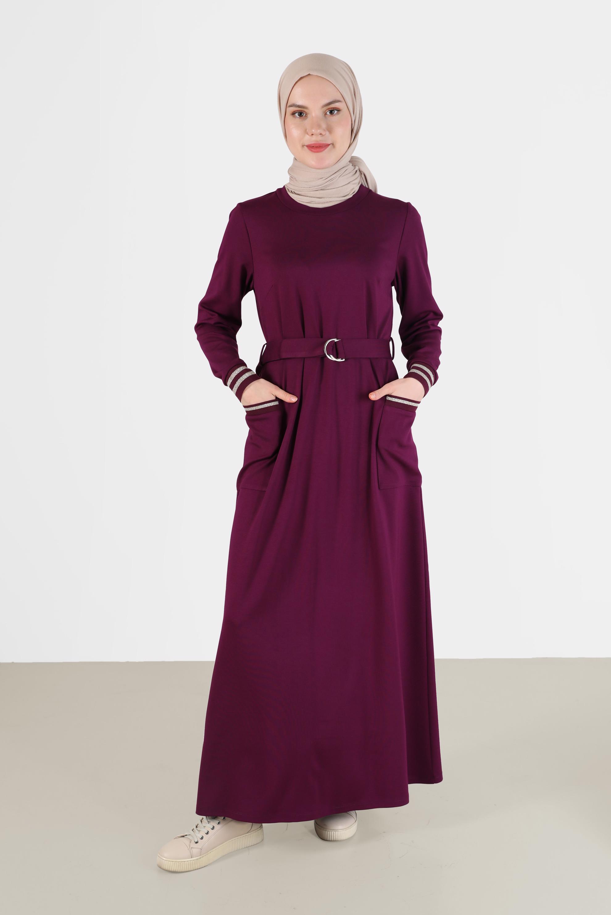 Tesettür giyim MOR MANŞETLERİ LASTİKLİ BELİ KUŞAKLI ELBİSE 42410 