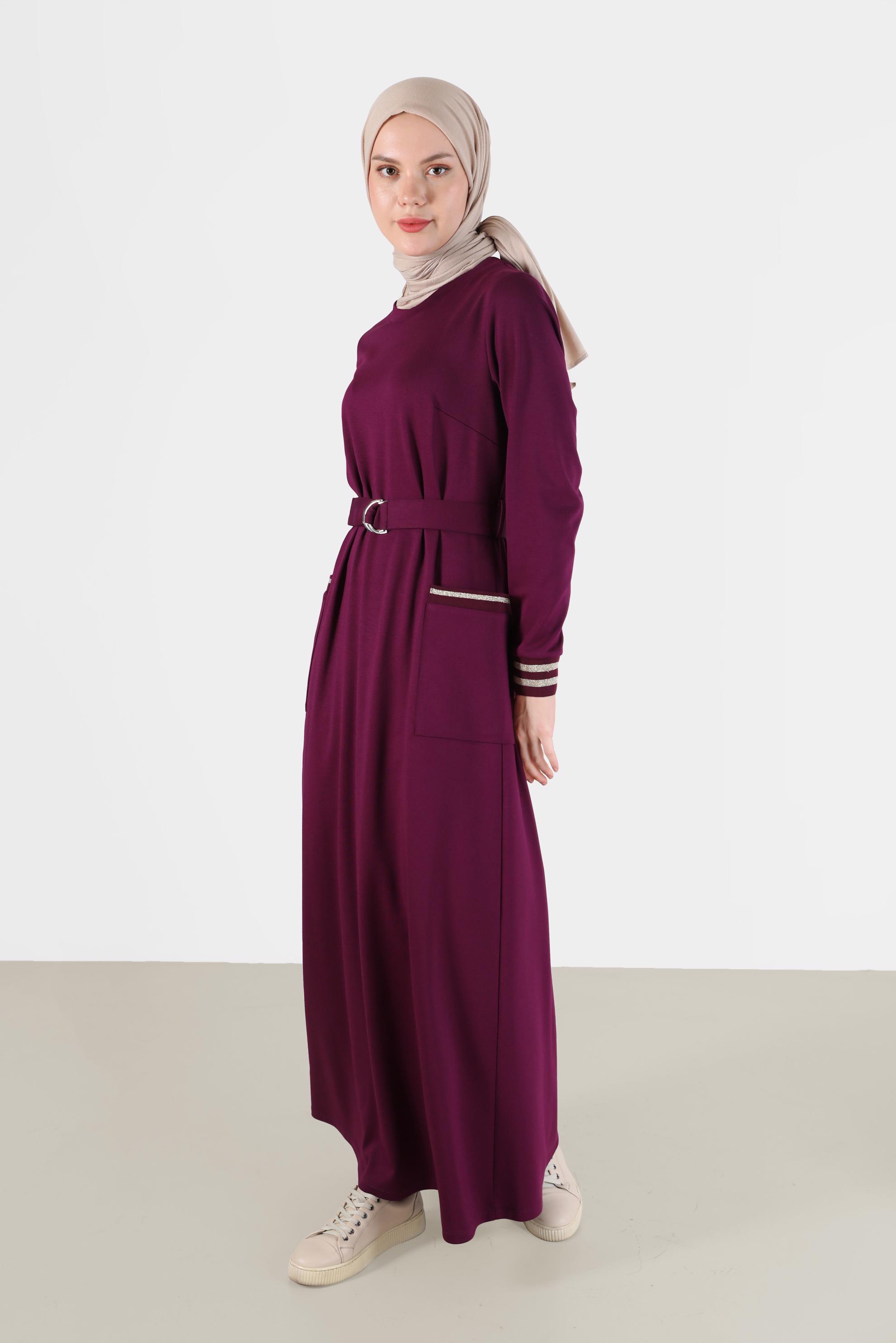 Tesettür giyim MOR MANŞETLERİ LASTİKLİ BELİ KUŞAKLI ELBİSE 42410 