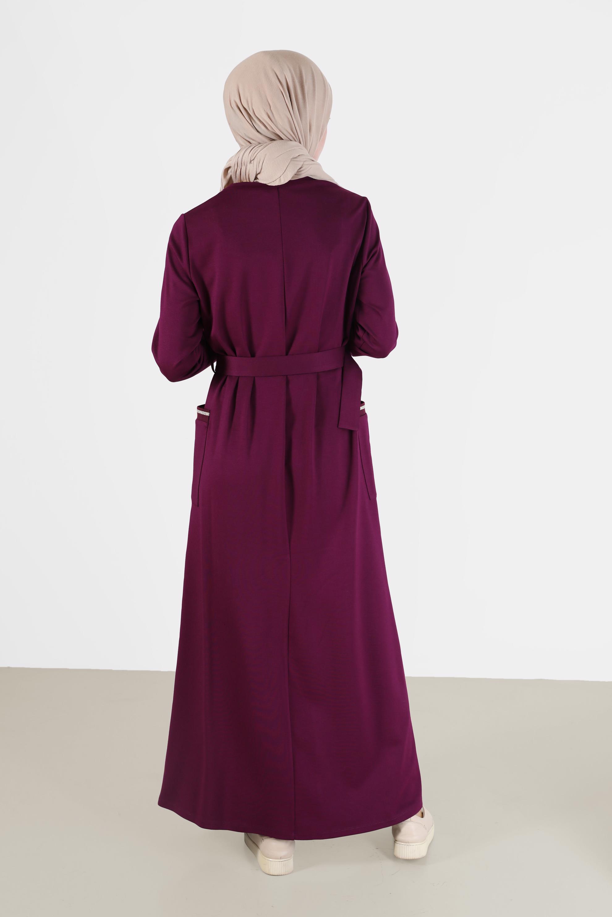 Tesettür giyim MOR MANŞETLERİ LASTİKLİ BELİ KUŞAKLI ELBİSE 42410 