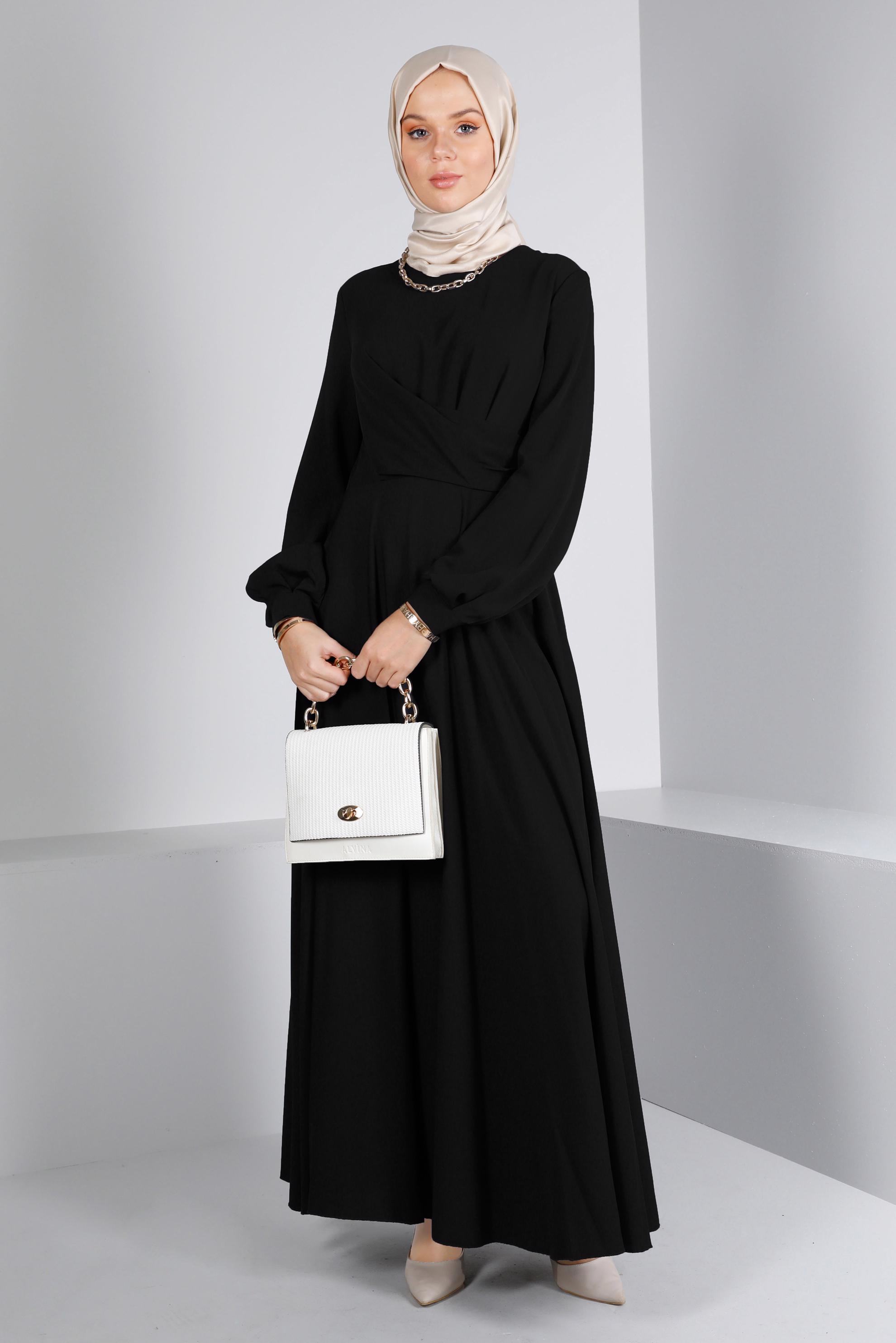 Tesettür giyim SİYAH ÇAPRAZ GÖRÜNÜMLÜ ELBİSE 42411 