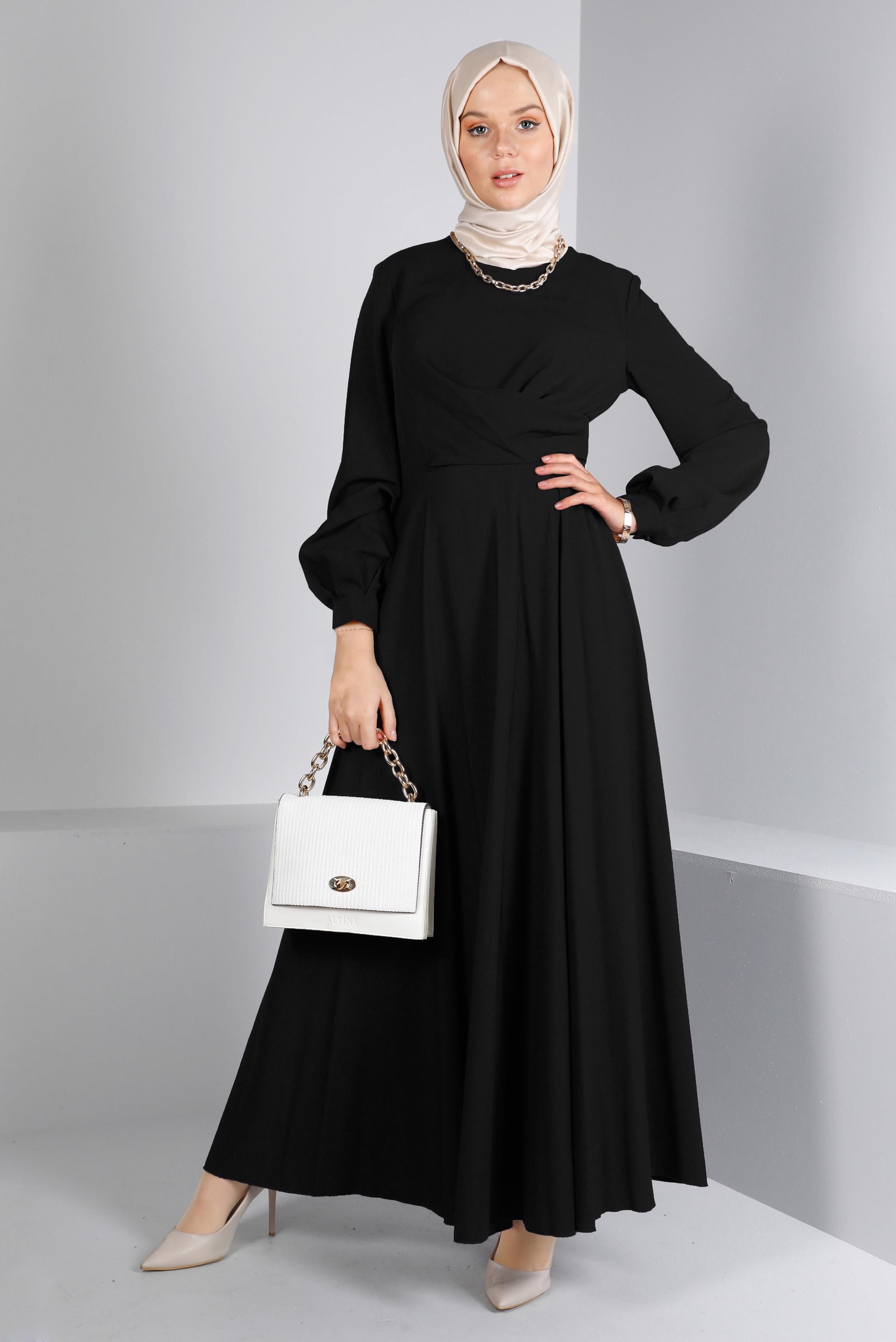 Tesettür giyim SİYAH ÇAPRAZ GÖRÜNÜMLÜ ELBİSE 42411 