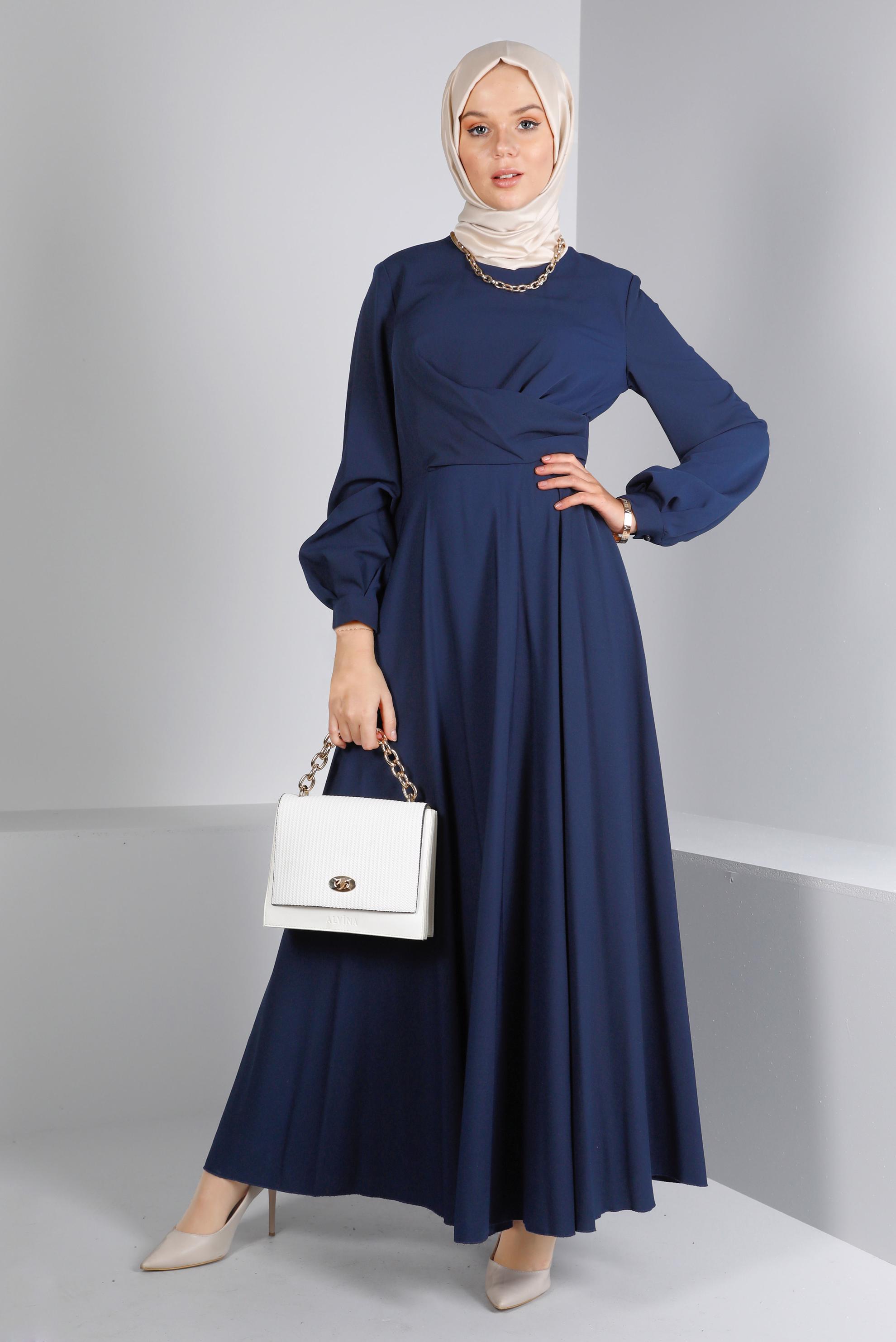 Tesettür giyim LACİVERT ÇAPRAZ GÖRÜNÜMLÜ ELBİSE 42411 