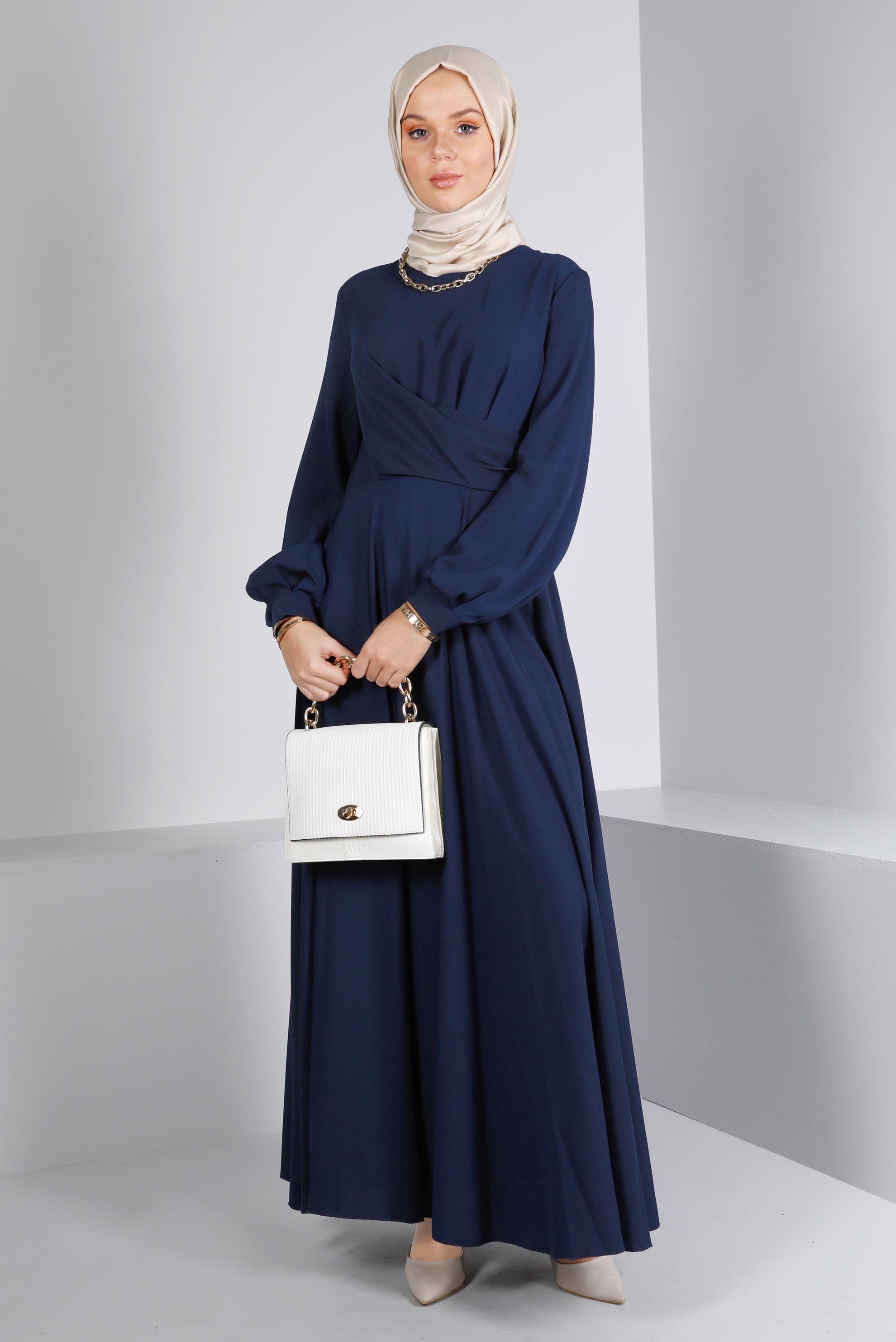 Tesettür giyim LACİVERT ÇAPRAZ GÖRÜNÜMLÜ ELBİSE 42411 