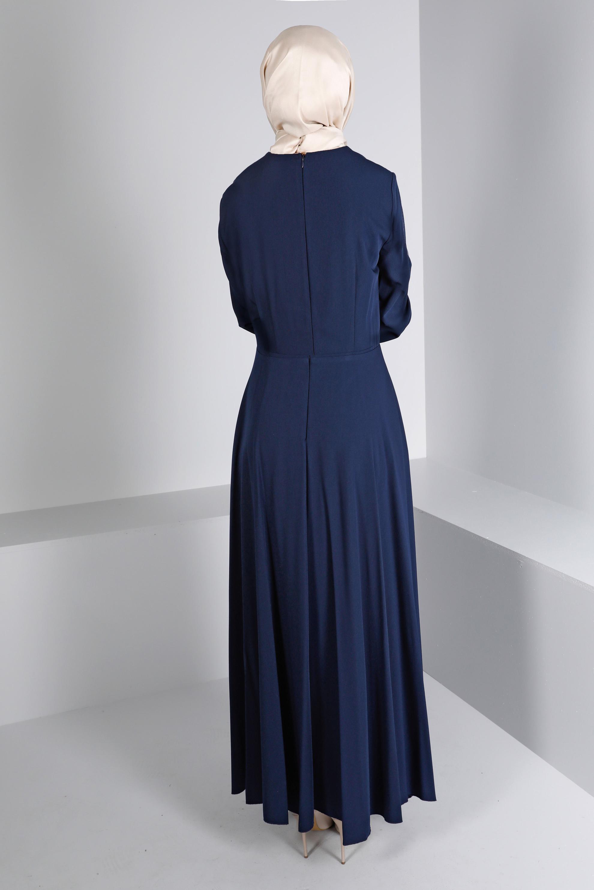 Tesettür giyim LACİVERT ÇAPRAZ GÖRÜNÜMLÜ ELBİSE 42411 