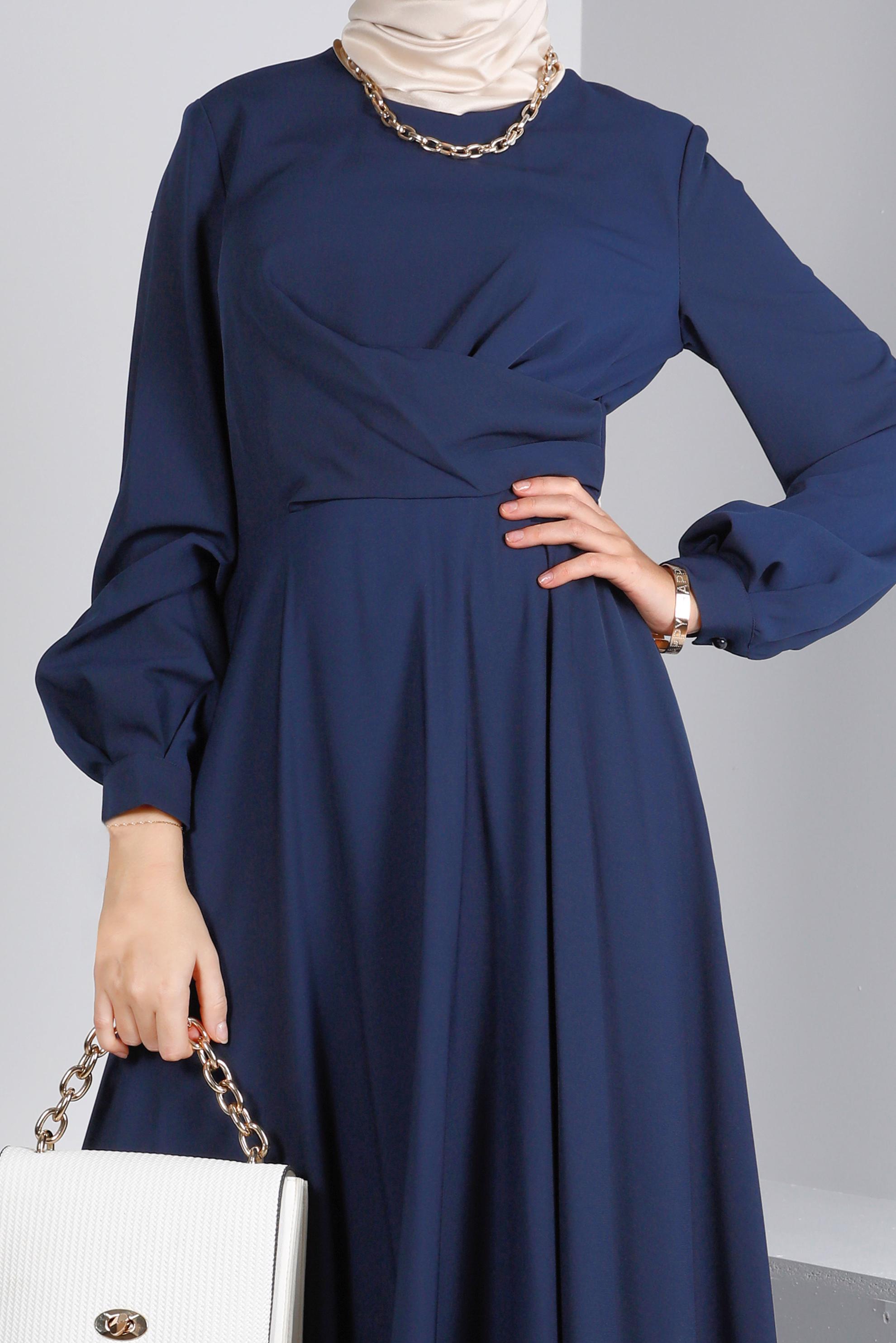 Tesettür giyim LACİVERT ÇAPRAZ GÖRÜNÜMLÜ ELBİSE 42411 