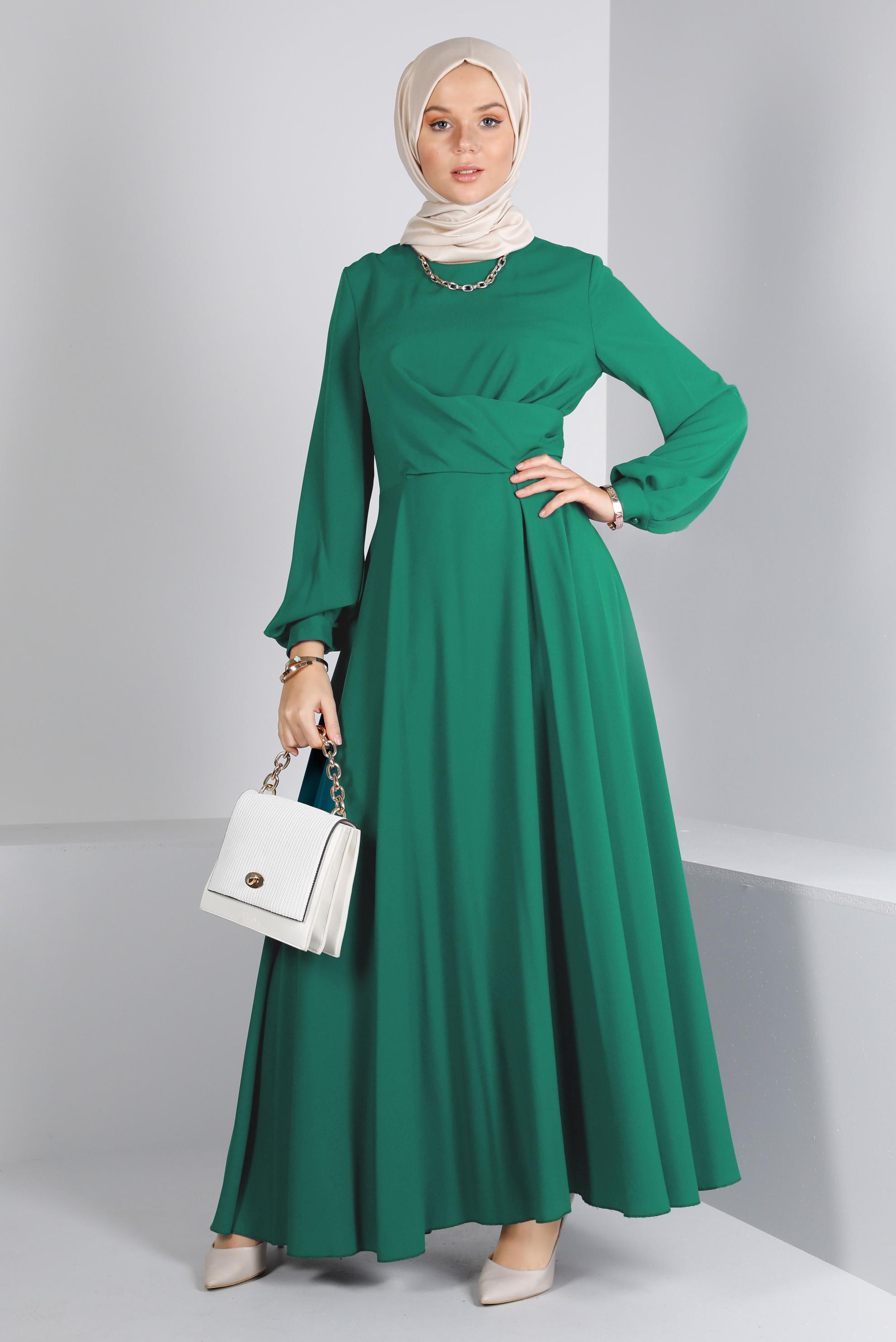 Tesettür giyim YEŞİL ÇAPRAZ GÖRÜNÜMLÜ ELBİSE 42411 