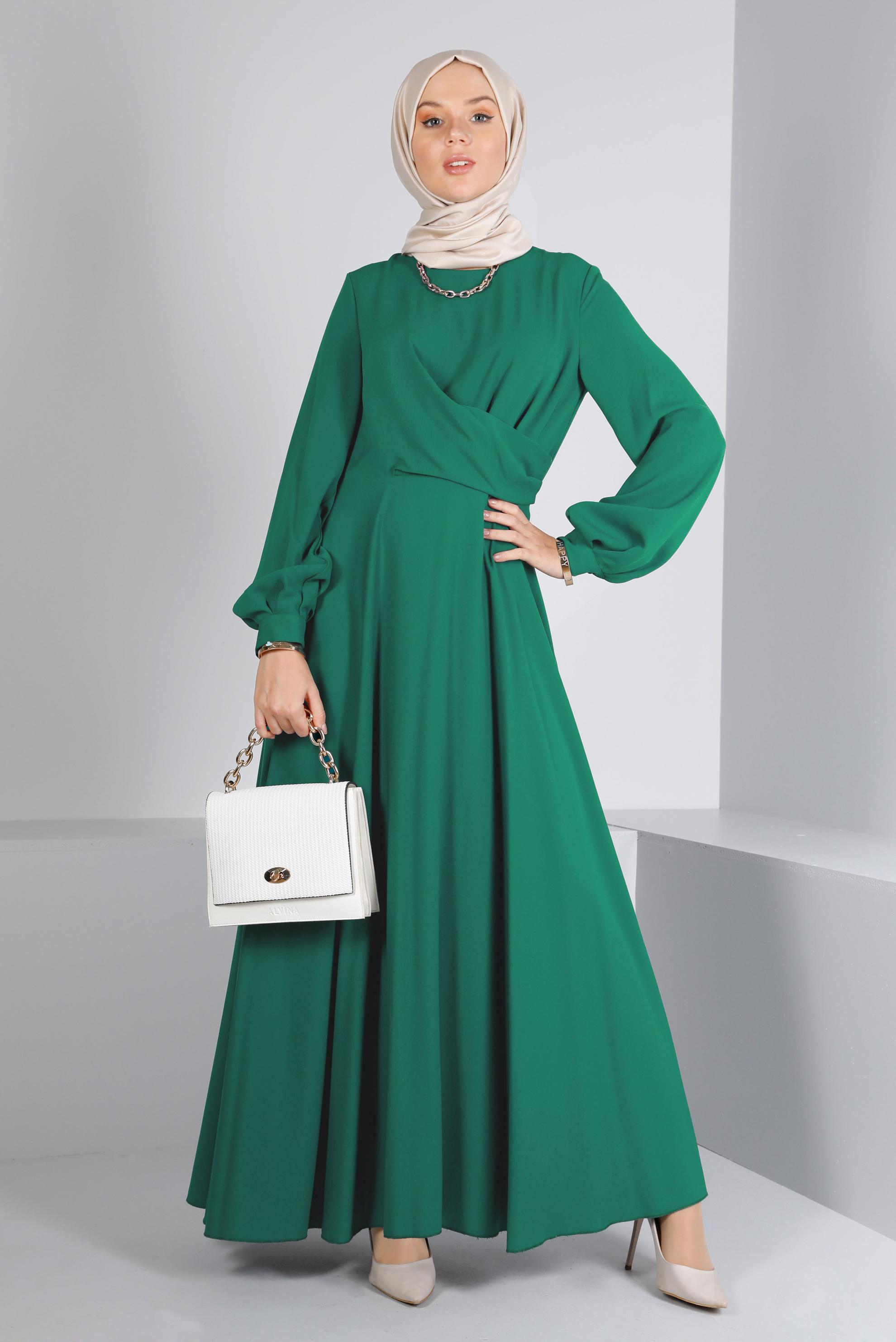 Tesettür giyim YEŞİL ÇAPRAZ GÖRÜNÜMLÜ ELBİSE 42411 