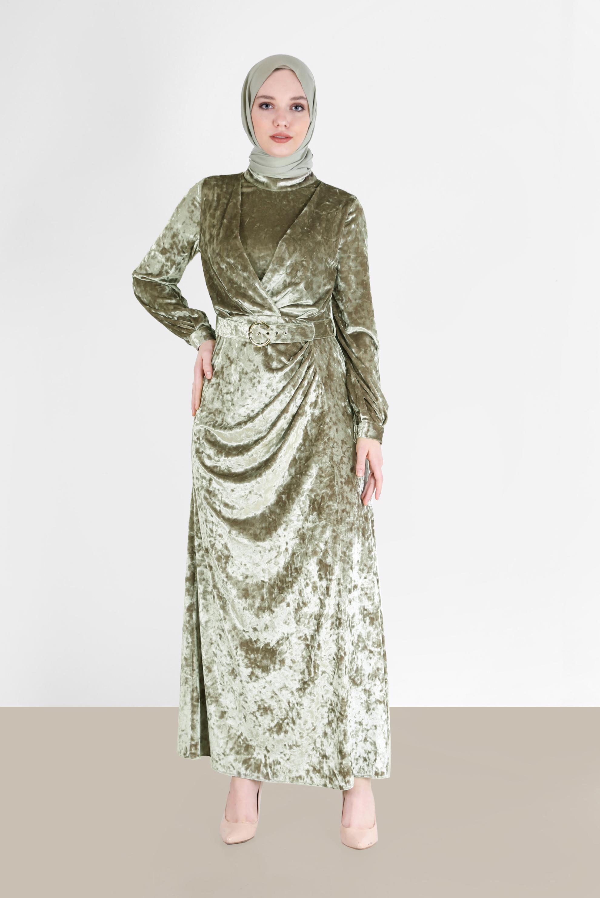 Tesettür giyim BEJ KEMERLİ KADİFE ELBİSE 42414 