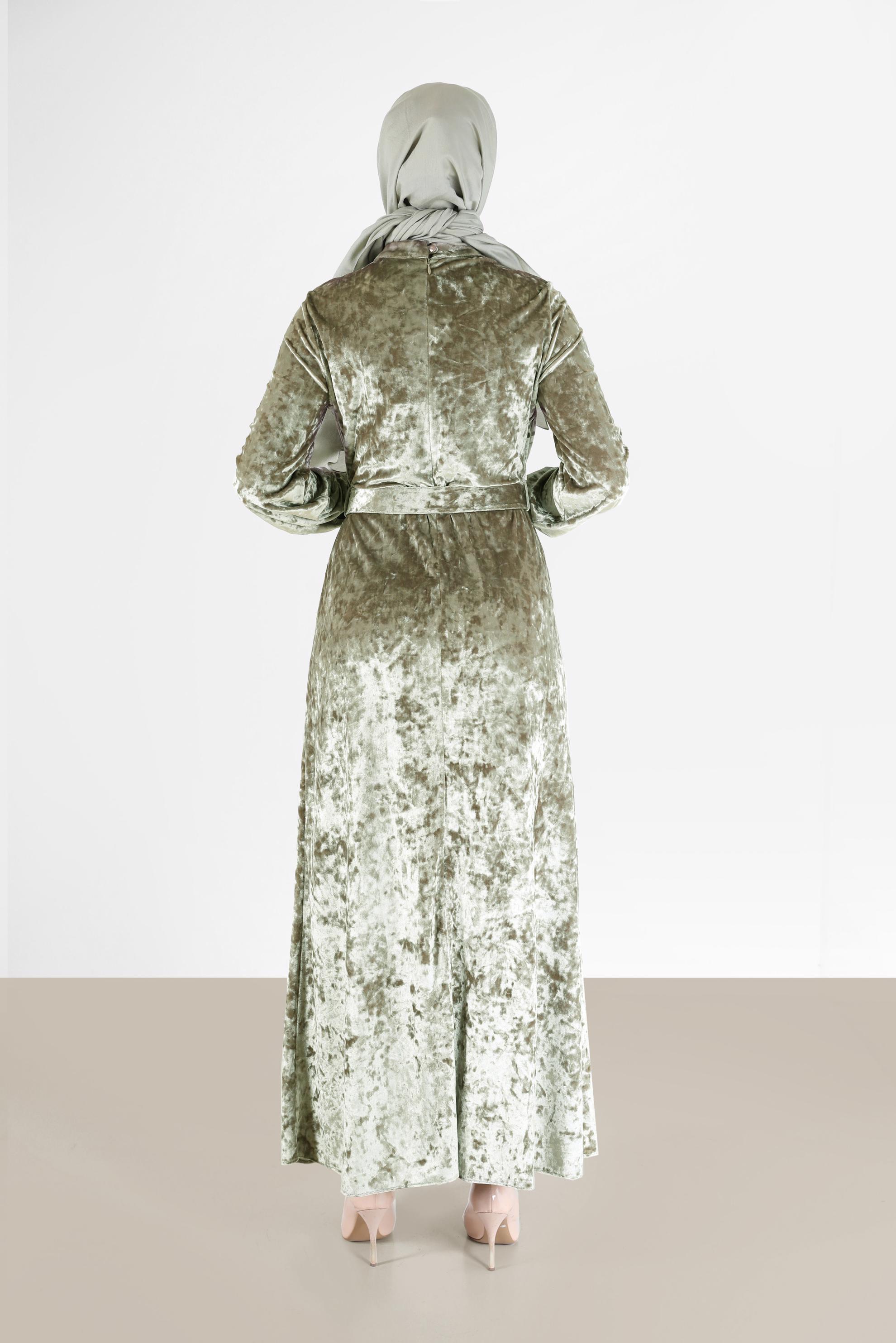 Tesettür giyim BEJ KEMERLİ KADİFE ELBİSE 42414 