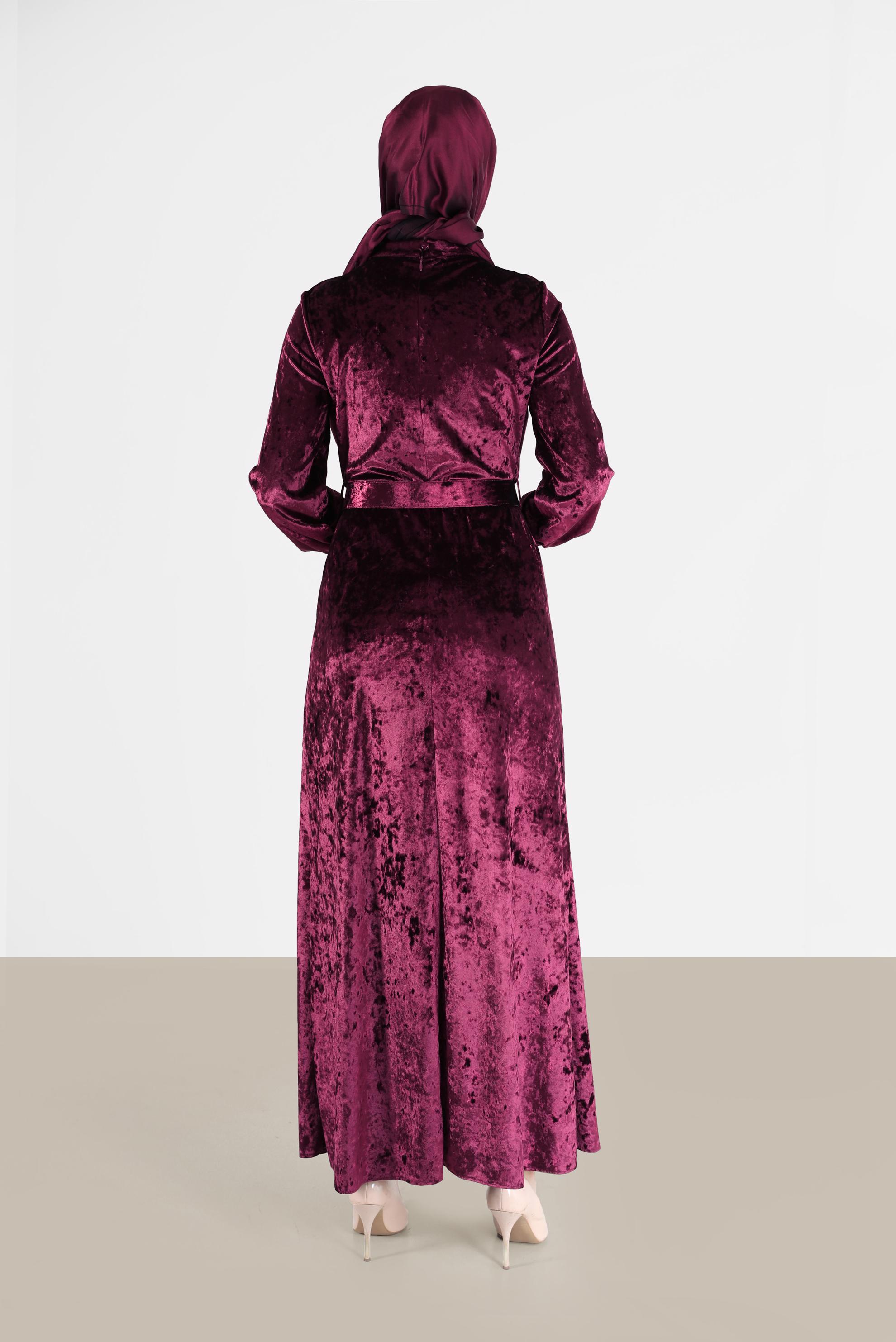 Tesettür giyim MÜRDÜM KEMERLİ KADİFE ELBİSE 42414 