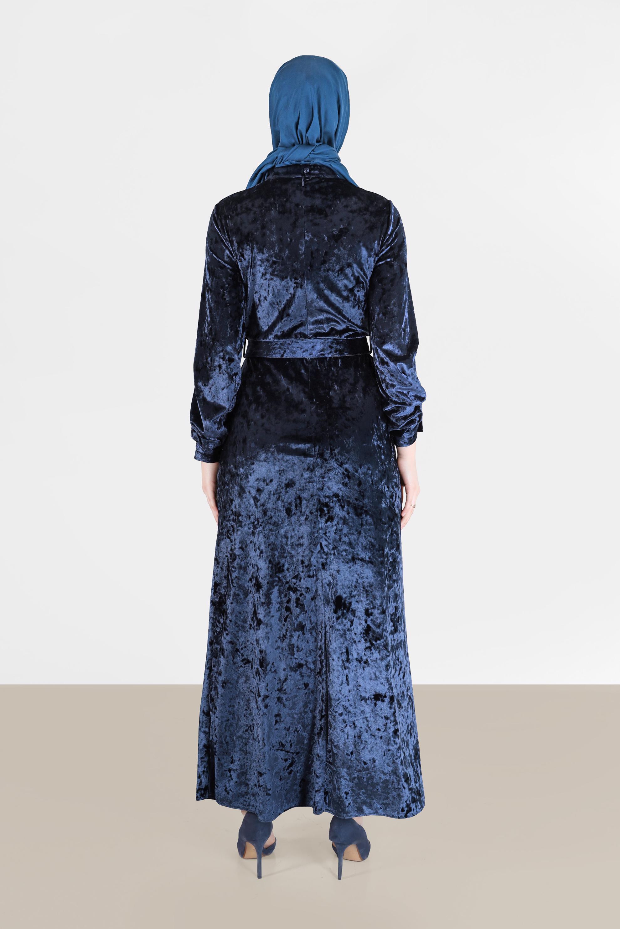 Tesettür giyim LACİVERT KEMERLİ KADİFE ELBİSE 42414 