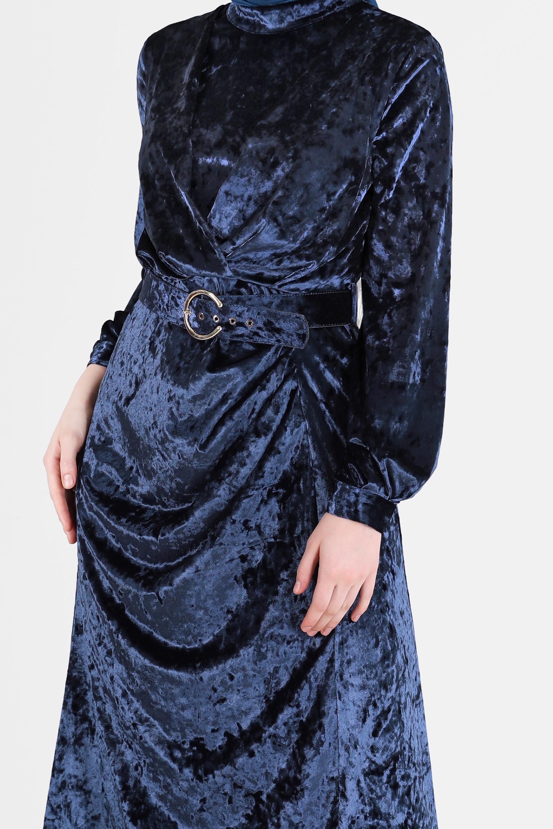 Tesettür giyim LACİVERT KEMERLİ KADİFE ELBİSE 42414 