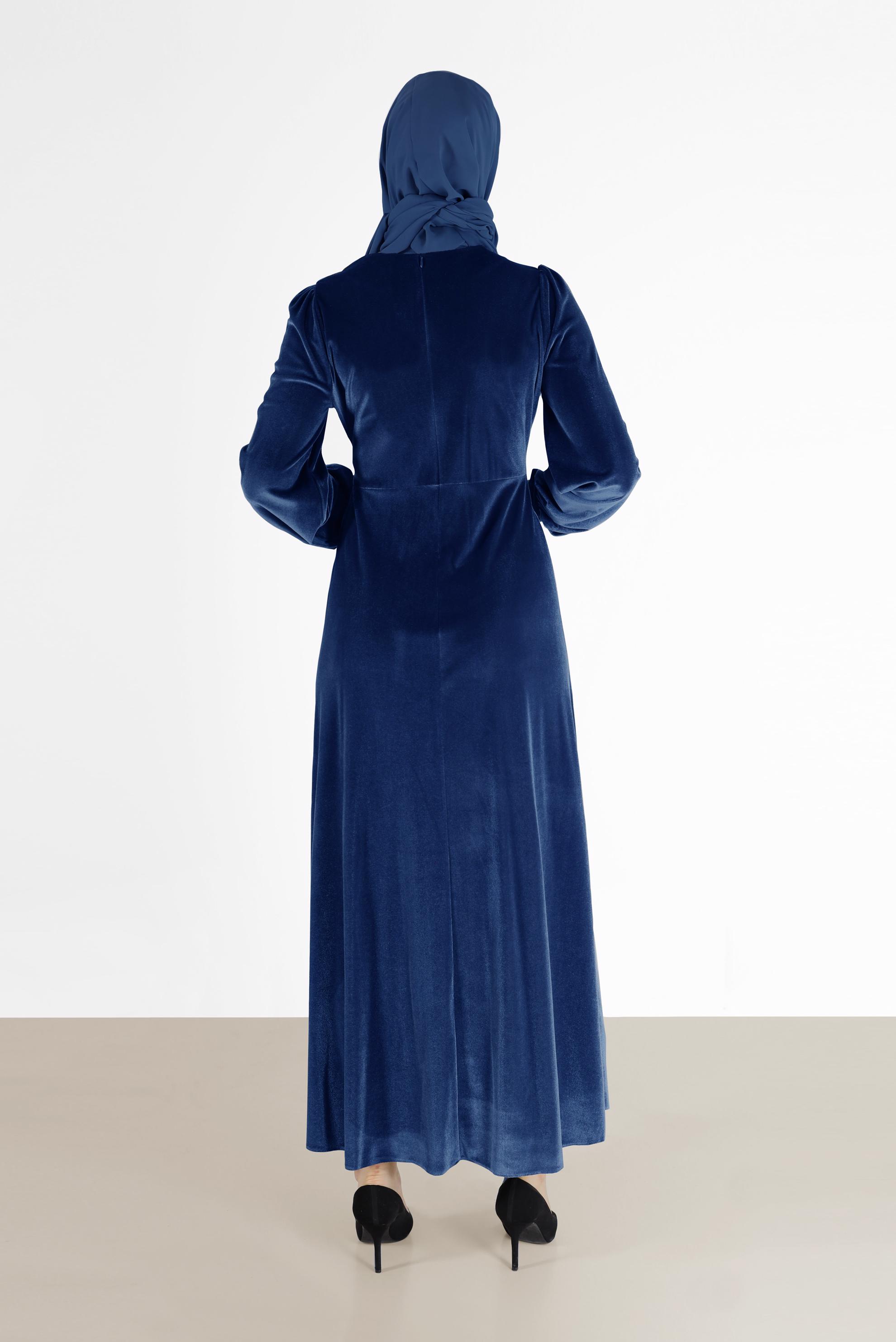 Tesettür giyim LACİVERT YANDAN BAĞLAMA DETAYLI KADİFE ELBİSE 42415 