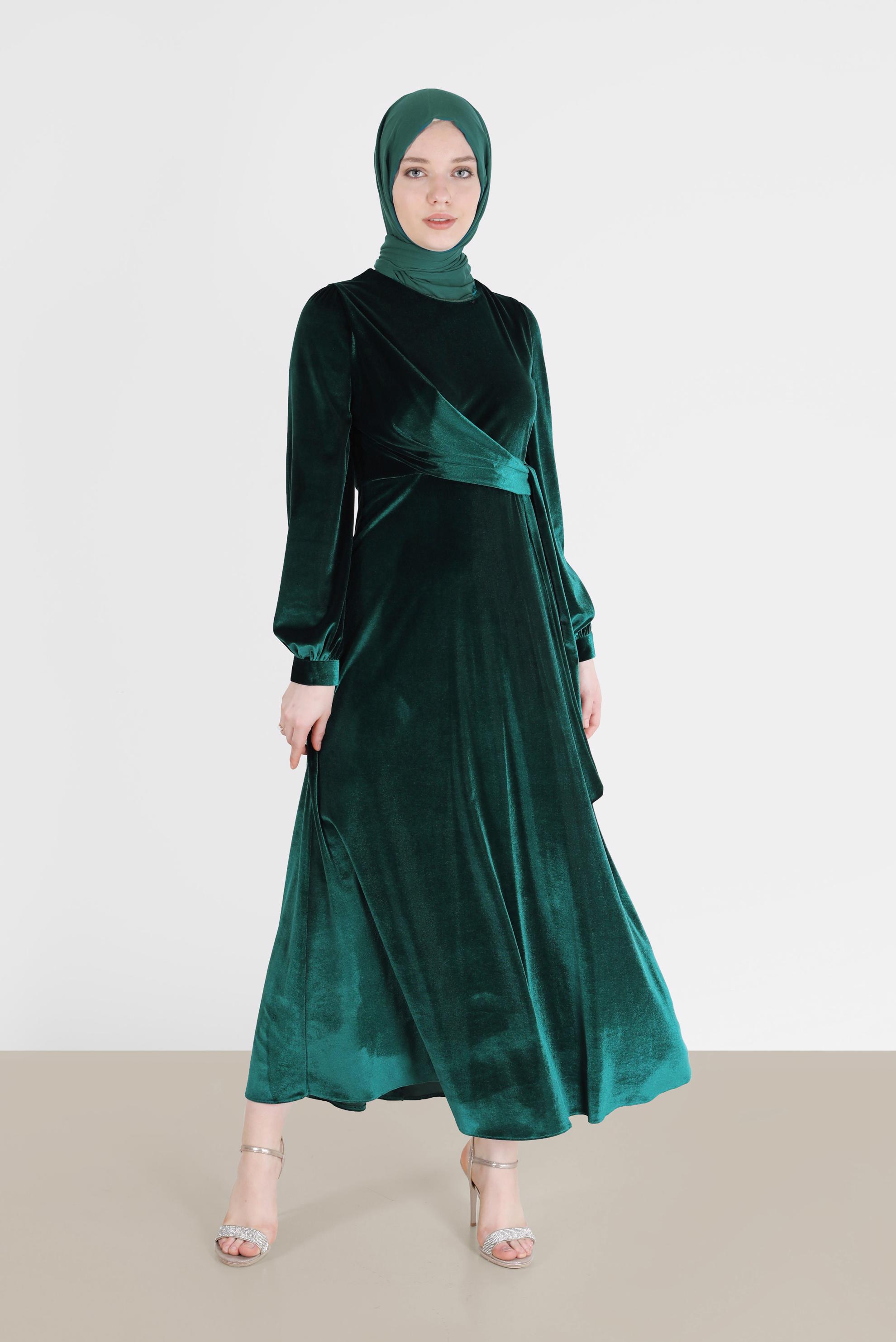 Tesettür giyim MAVİ YANDAN BAĞLAMA DETAYLI KADİFE ELBİSE 42415 