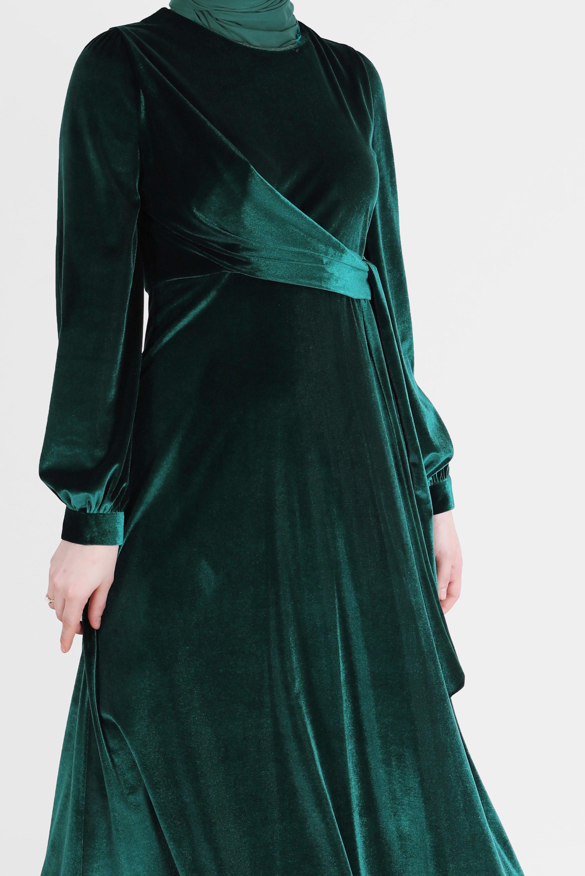 Tesettür giyim MAVİ YANDAN BAĞLAMA DETAYLI KADİFE ELBİSE 42415 