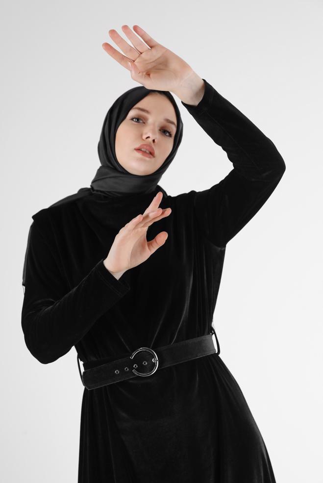 Tesettür giyim  BELİ KUŞAKLI KADİFE ELBİSE 42416  - ALVİNA