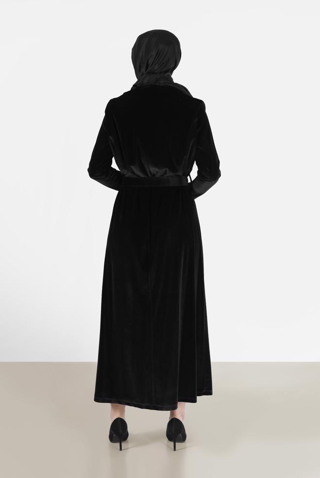 Tesettür giyim SİYAH BELİ KUŞAKLI KADİFE ELBİSE 42416  - ALVİNA