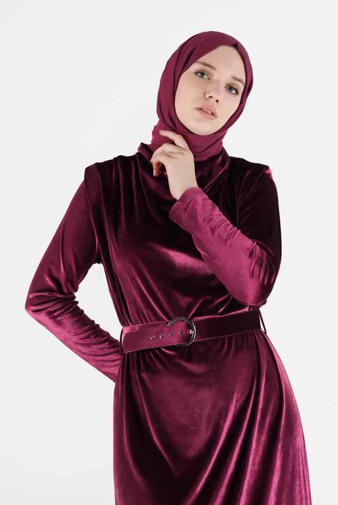 Hijab clothing  BELTED VELVET DRESS 42416  - ALVİNA