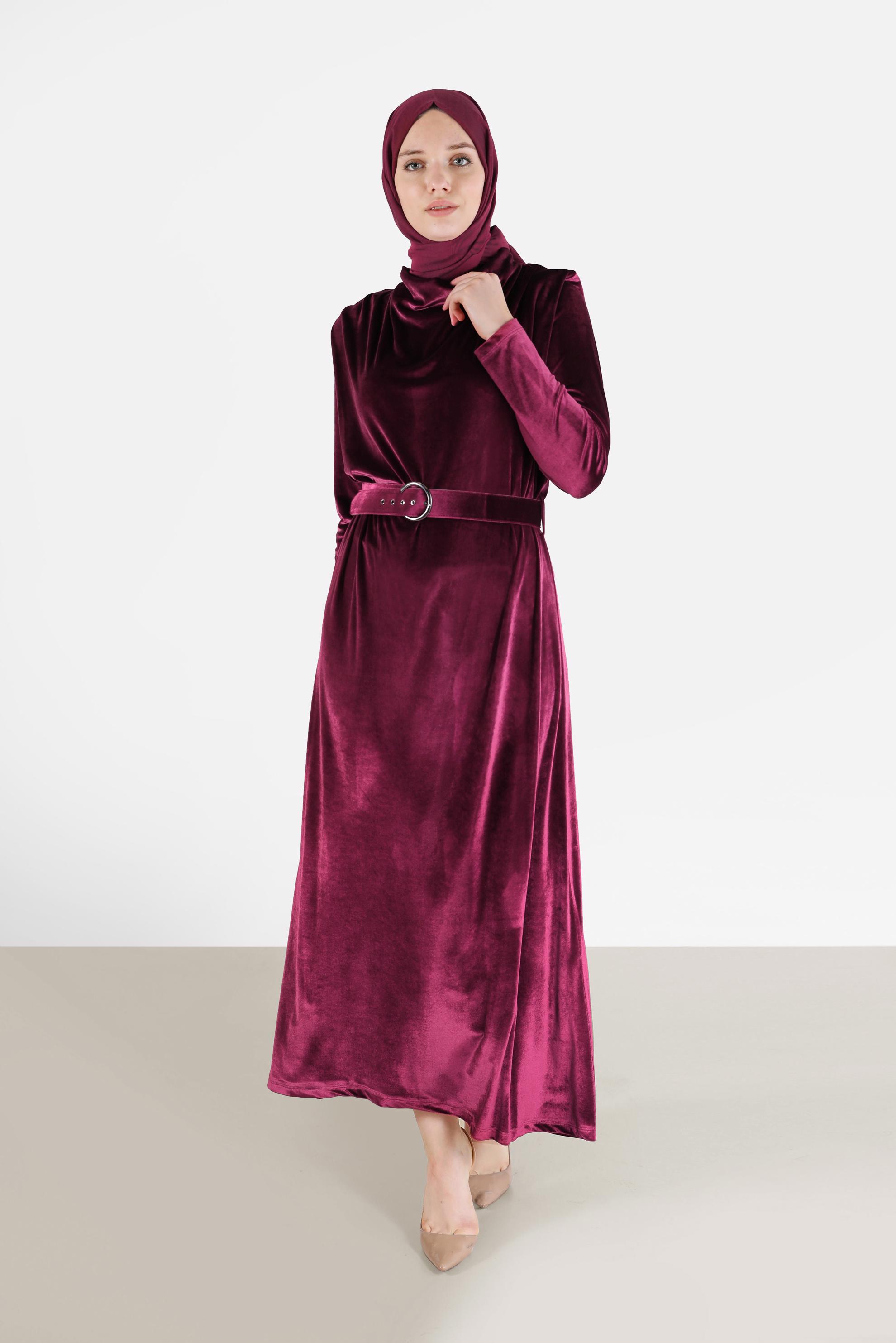 Tesettür giyim BORDO BELİ KUŞAKLI KADİFE ELBİSE 42416 