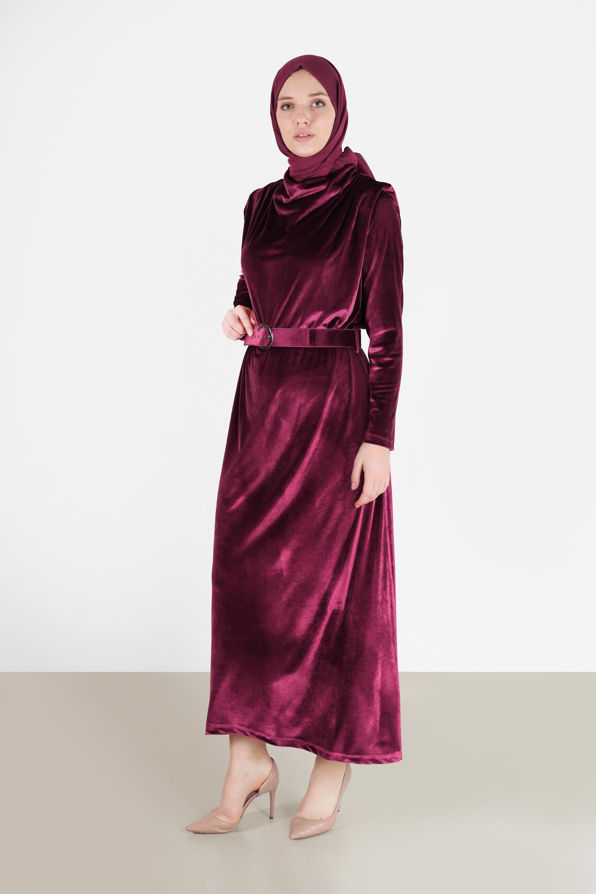 Tesettür giyim BORDO BELİ KUŞAKLI KADİFE ELBİSE 42416 