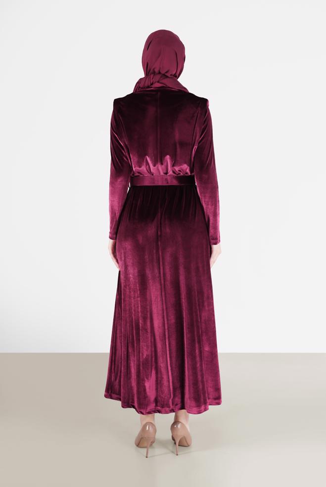 Tesettür giyim BORDO BELİ KUŞAKLI KADİFE ELBİSE 42416  - ALVİNA