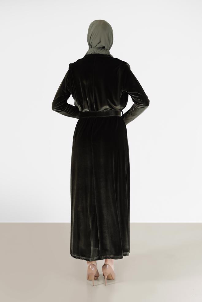 Tesettür giyim HAKİ BELİ KUŞAKLI KADİFE ELBİSE 42416  - ALVİNA