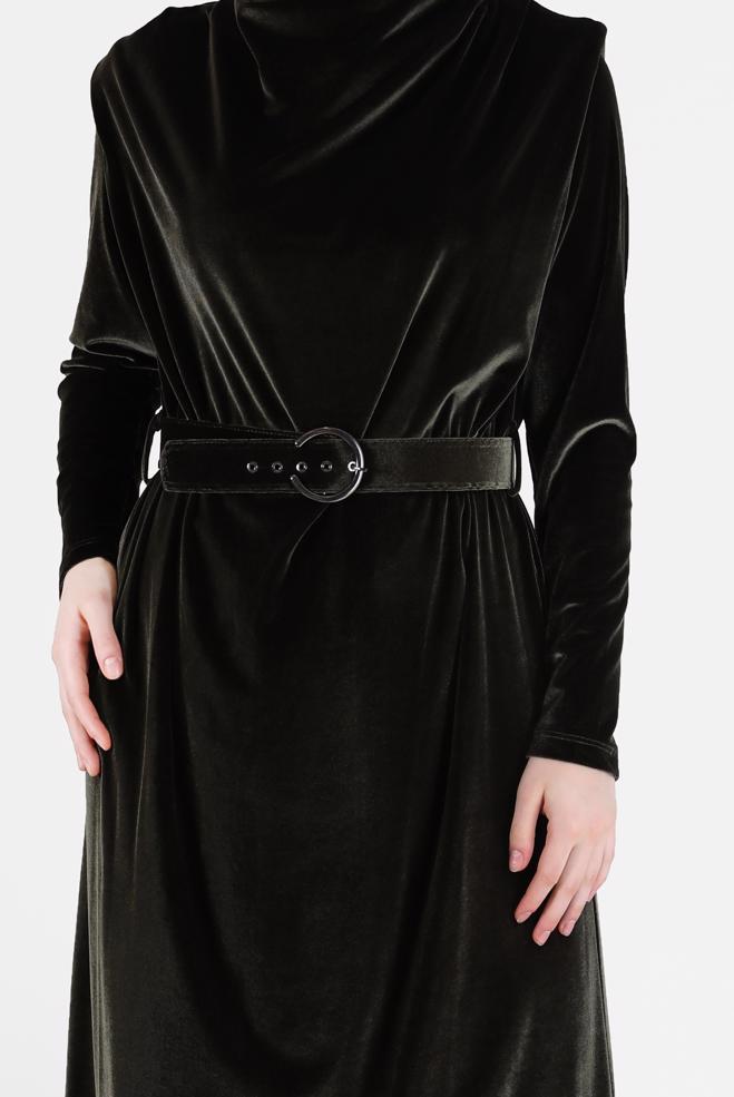 Tesettür giyim HAKİ BELİ KUŞAKLI KADİFE ELBİSE 42416  - ALVİNA