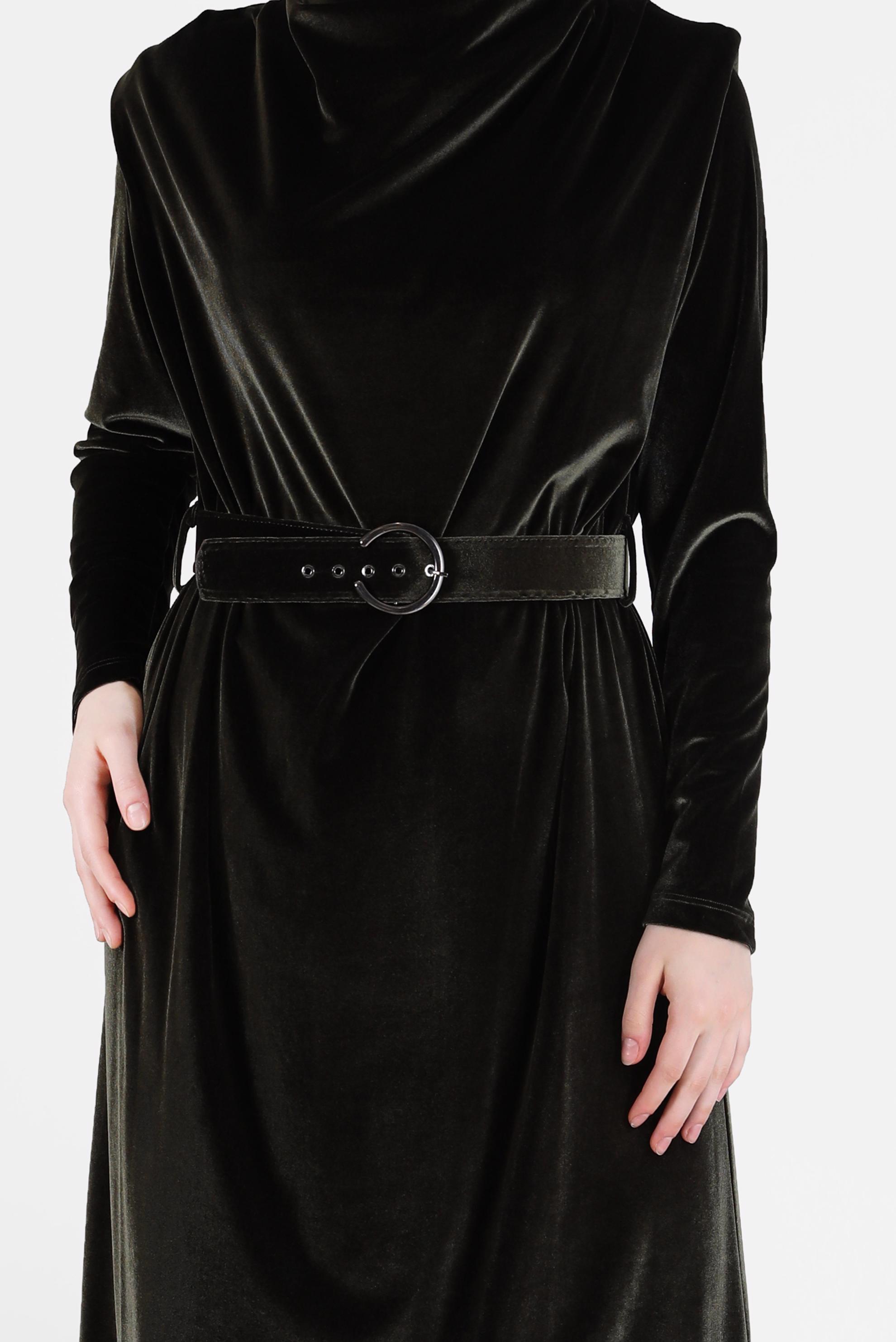 Tesettür giyim HAKİ BELİ KUŞAKLI KADİFE ELBİSE 42416 