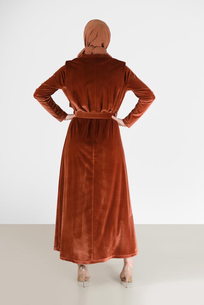 Tesettür giyim TURUNCU BELİ KUŞAKLI KADİFE ELBİSE 42416  - ALVİNA