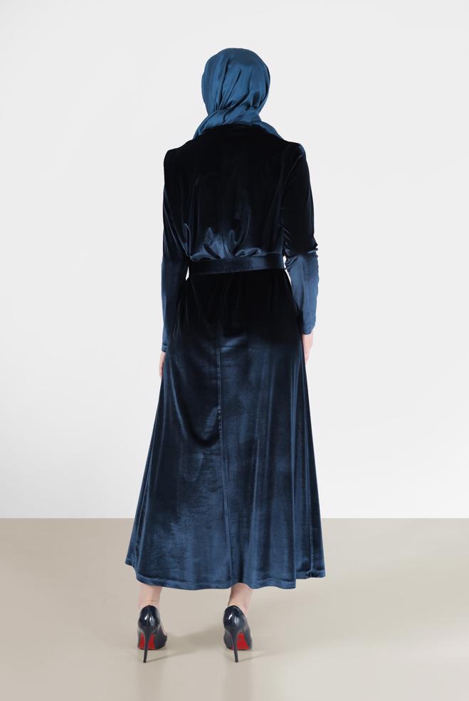 Tesettür giyim LACİVERT BELİ KUŞAKLI KADİFE ELBİSE 42416  - ALVİNA