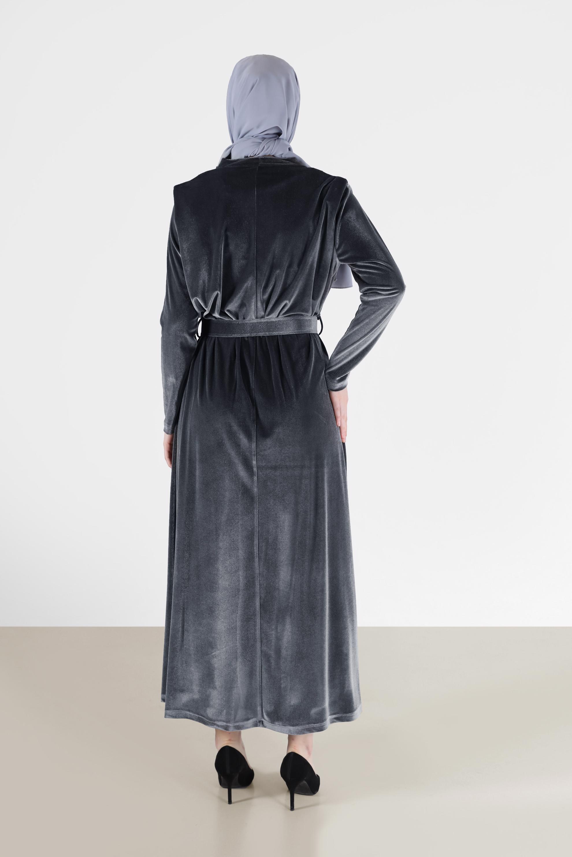 Tesettür giyim GRİ BELİ KUŞAKLI KADİFE ELBİSE 42416 