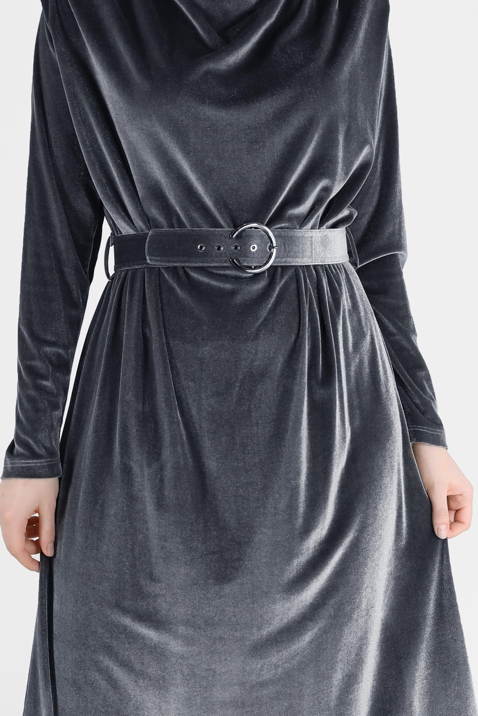 Tesettür giyim GRİ BELİ KUŞAKLI KADİFE ELBİSE 42416 