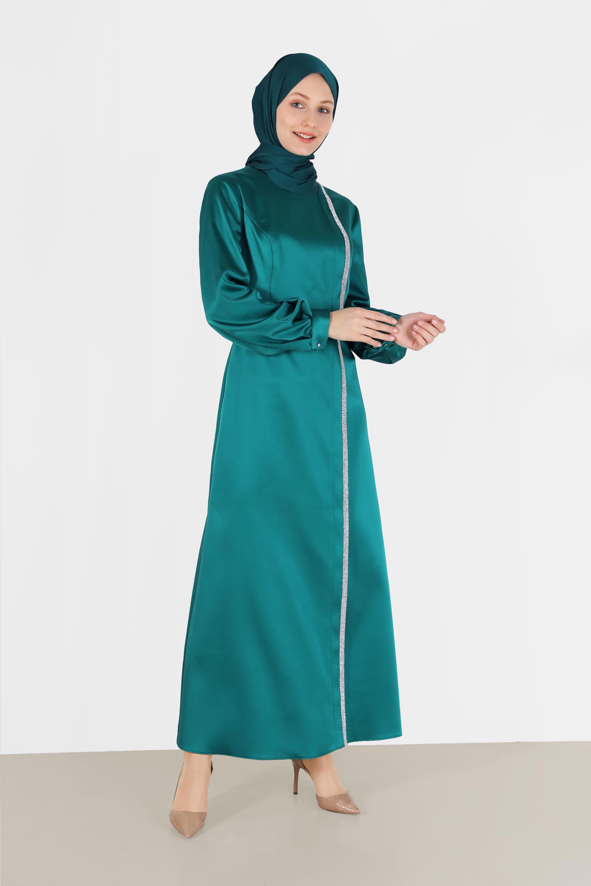 Tesettür giyim MAVİ TAŞLI ŞERİT DETAYLI SATEN ELBİSE 42417