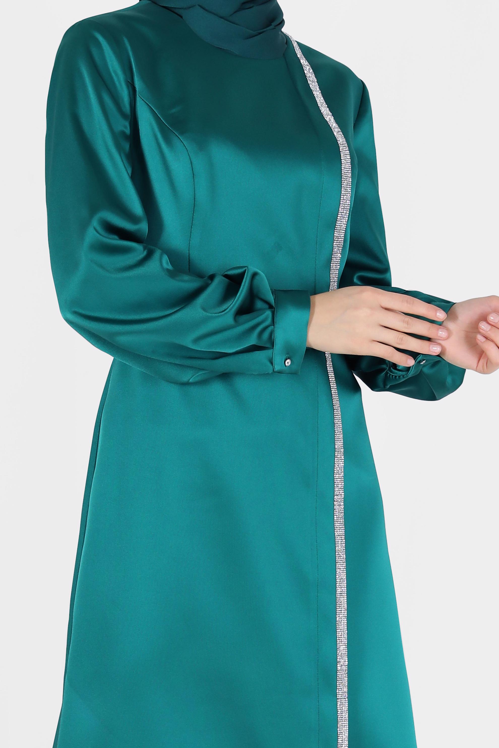 Tesettür giyim MAVİ TAŞLI ŞERİT DETAYLI SATEN ELBİSE 42417