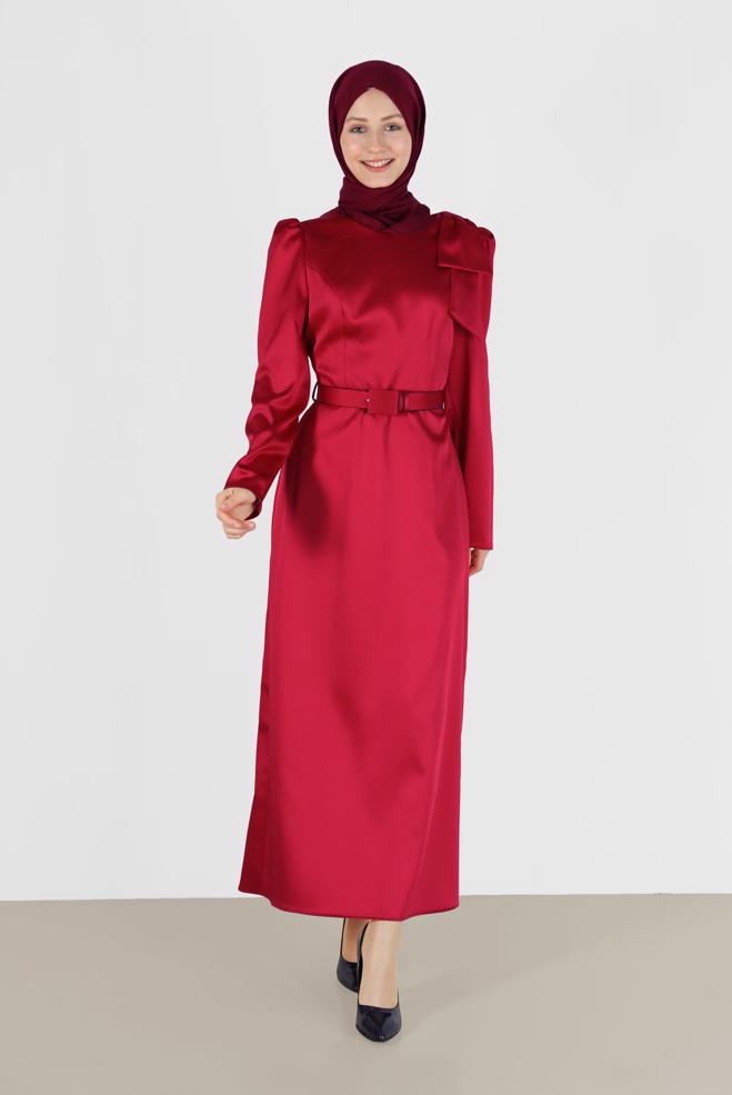 Tesettür giyim  OMUZ DETAYLI KEMERLİ SATEN ELBİSE 42419	 - ALVİNA