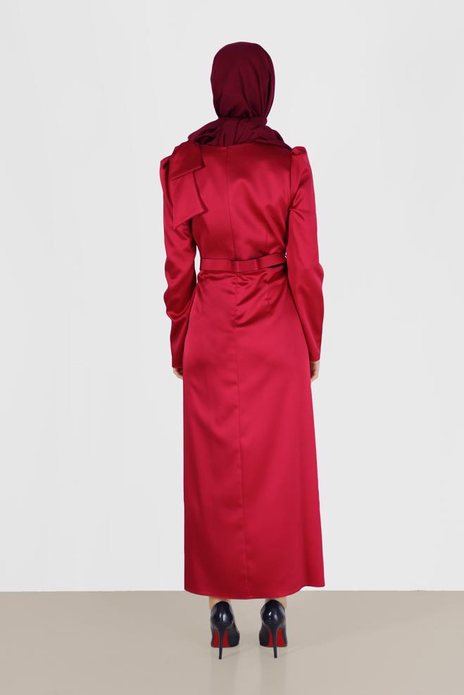 Vêtements hijab ROUGE ROBE EN SATIN AVEC CEINTURE ET DÉTAIL MANCHES 42419 - ALVİNA