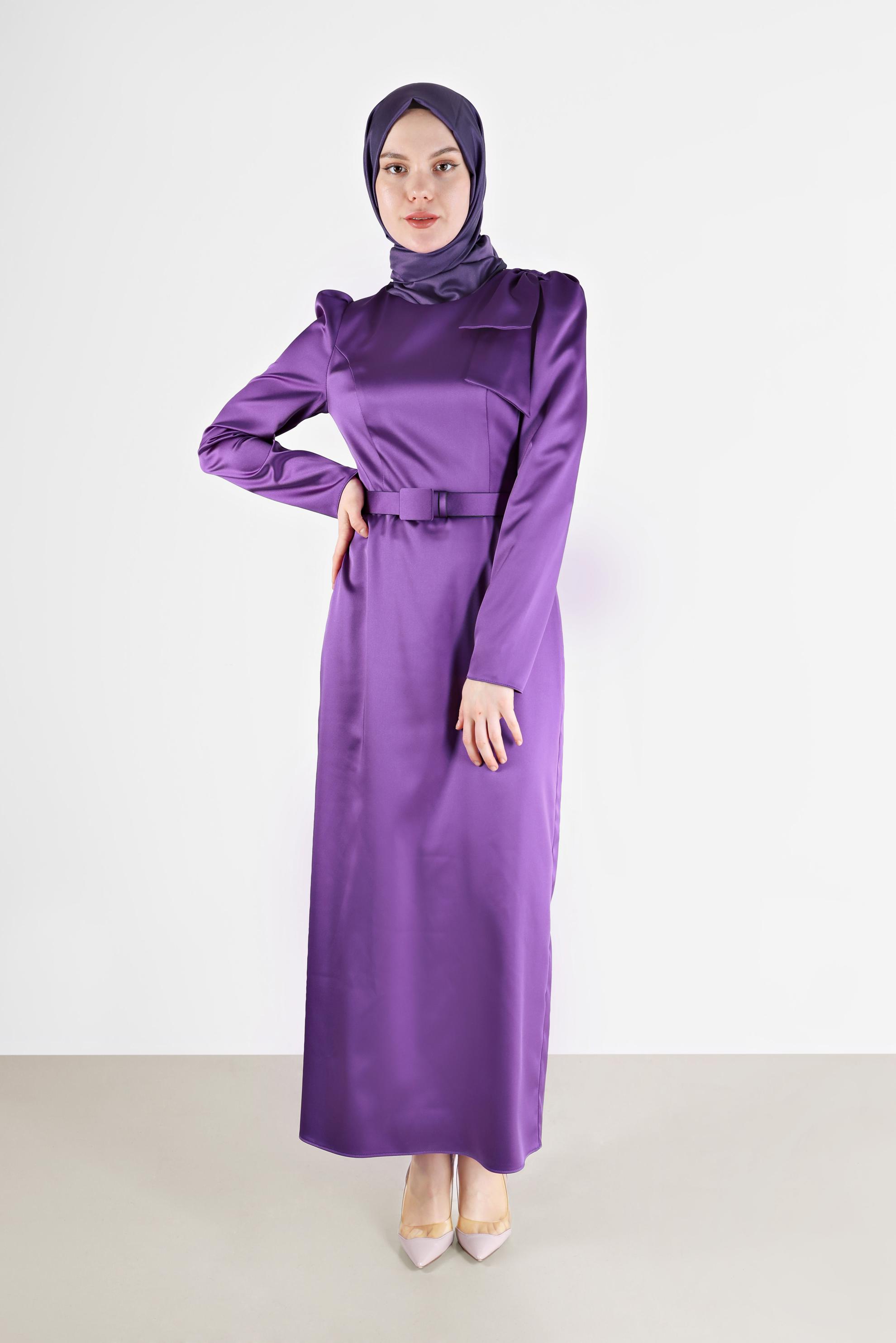 Hijab clothing PURPLE SLEEVE DETAIL BELTED SATIN DRESS 42419	