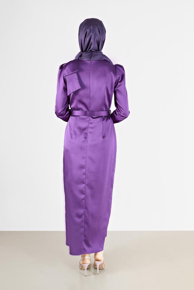 Vêtements hijab POURPRE ROBE EN SATIN AVEC CEINTURE ET DÉTAIL MANCHES 42419 - ALVİNA