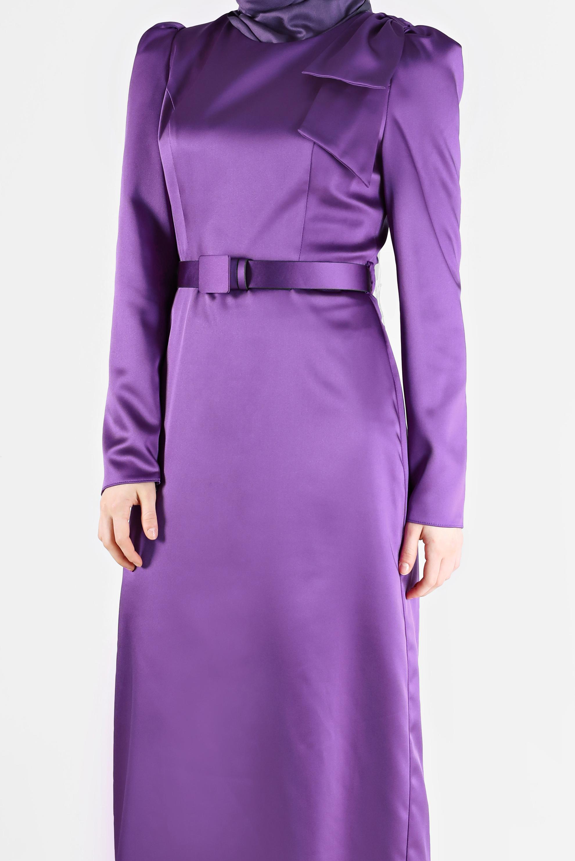 Hijab clothing PURPLE SLEEVE DETAIL BELTED SATIN DRESS 42419	