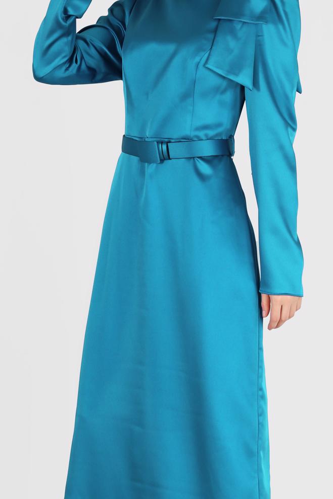 Vêtements hijab BLEU ROBE EN SATIN AVEC CEINTURE ET DÉTAIL MANCHES 42419 - ALVİNA