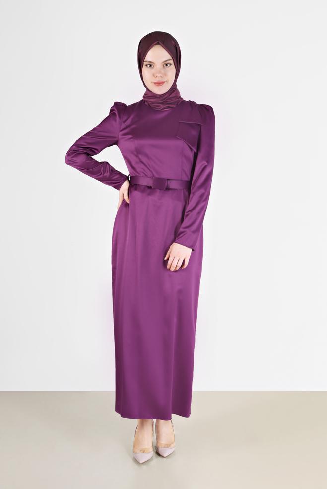 Vêtements hijab  ROBE EN SATIN AVEC CEINTURE ET DÉTAIL MANCHES 42419 - ALVİNA