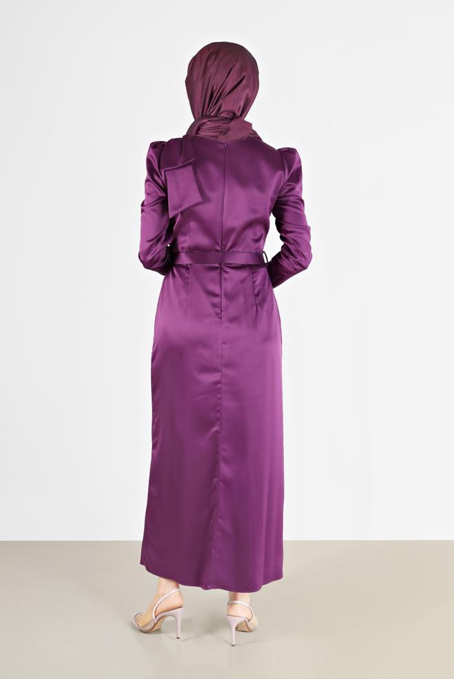Vêtements hijab PRUNE ROBE EN SATIN AVEC CEINTURE ET DÉTAIL MANCHES 42419 - ALVİNA