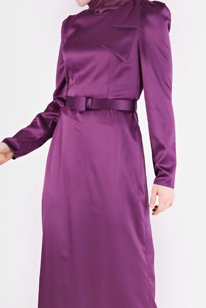 Vêtements hijab PRUNE ROBE EN SATIN AVEC CEINTURE ET DÉTAIL MANCHES 42419 - ALVİNA