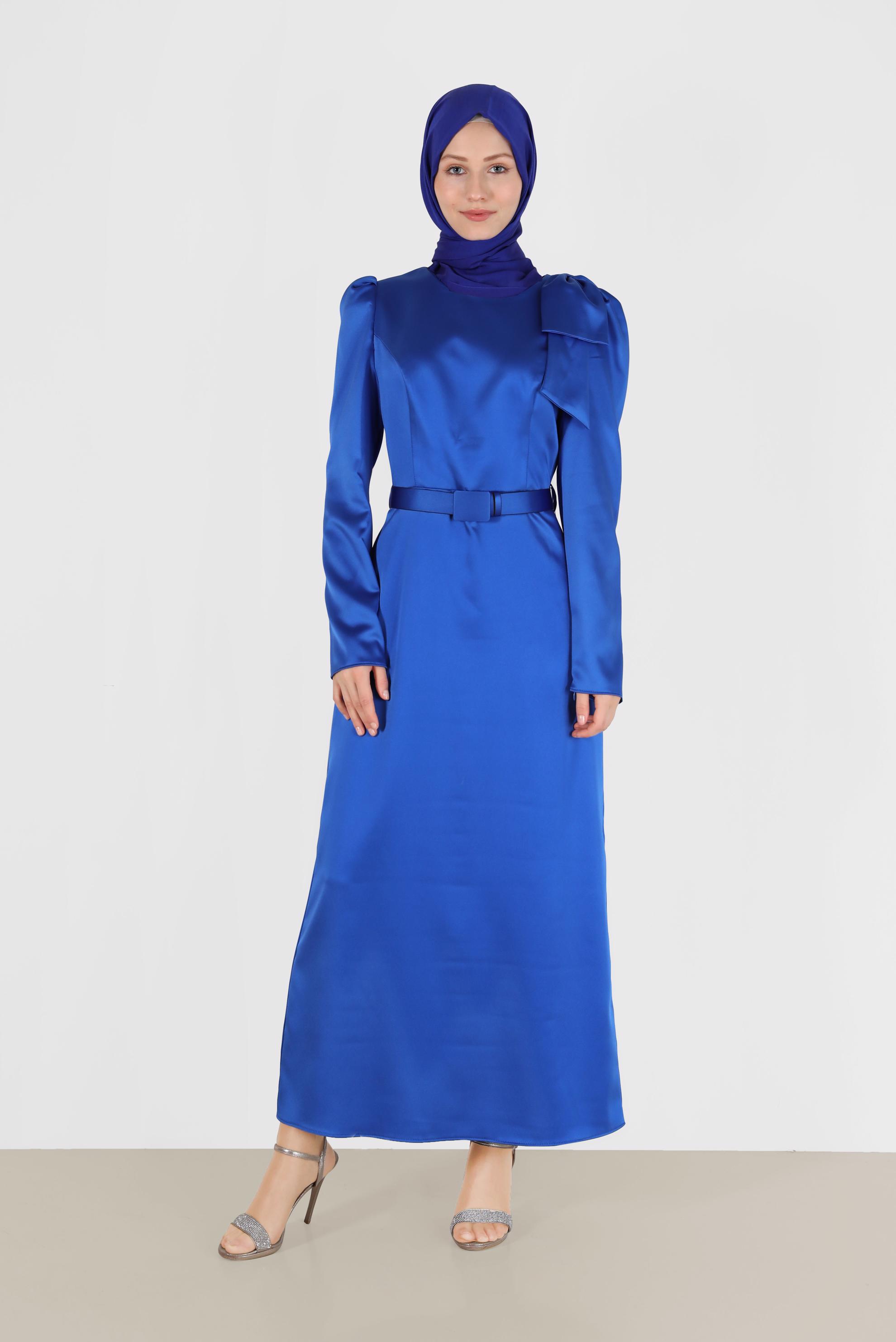 Hijab clothing NAVY BLUE SLEEVE DETAIL BELTED SATIN DRESS 42419	