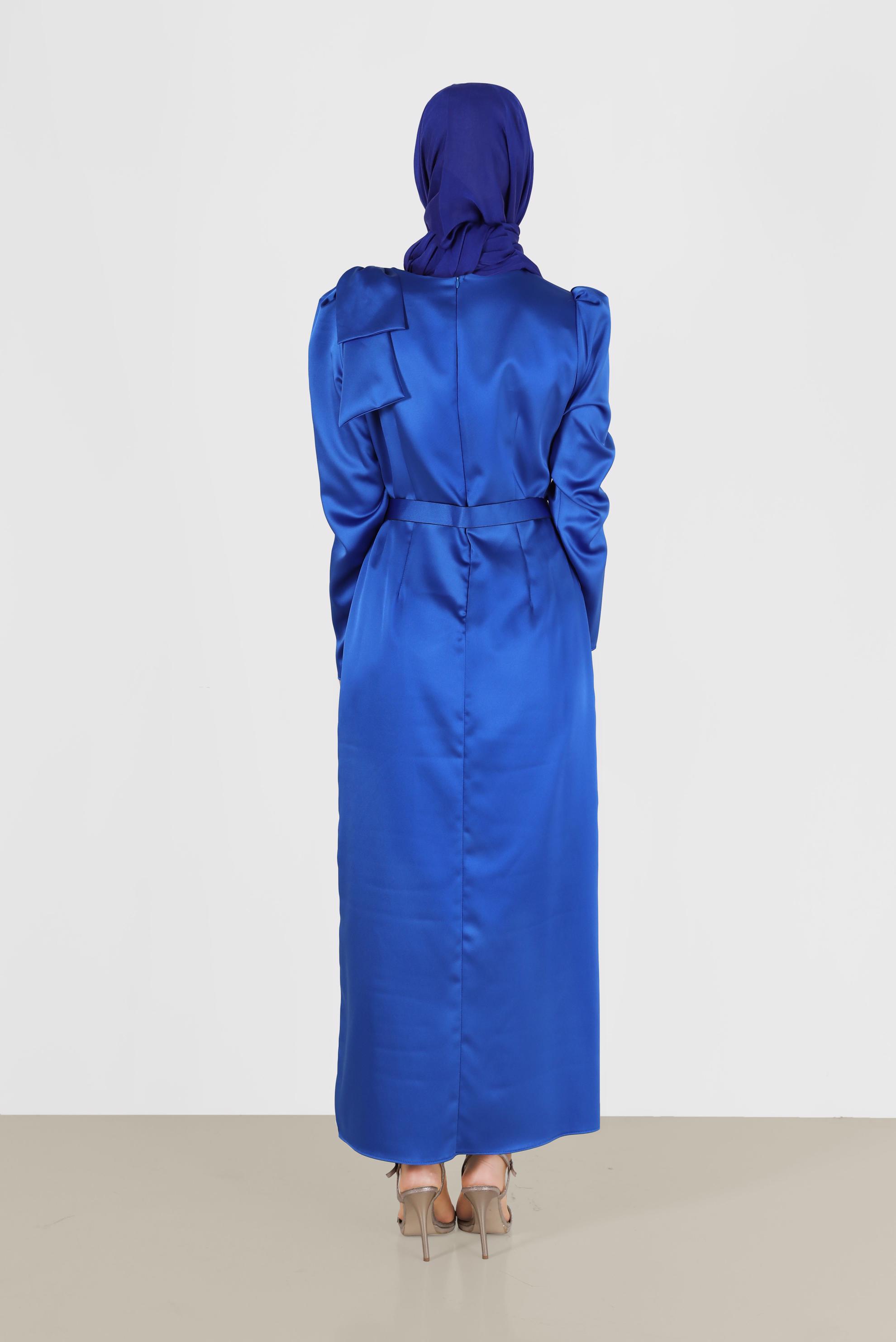 Hijab clothing NAVY BLUE SLEEVE DETAIL BELTED SATIN DRESS 42419	