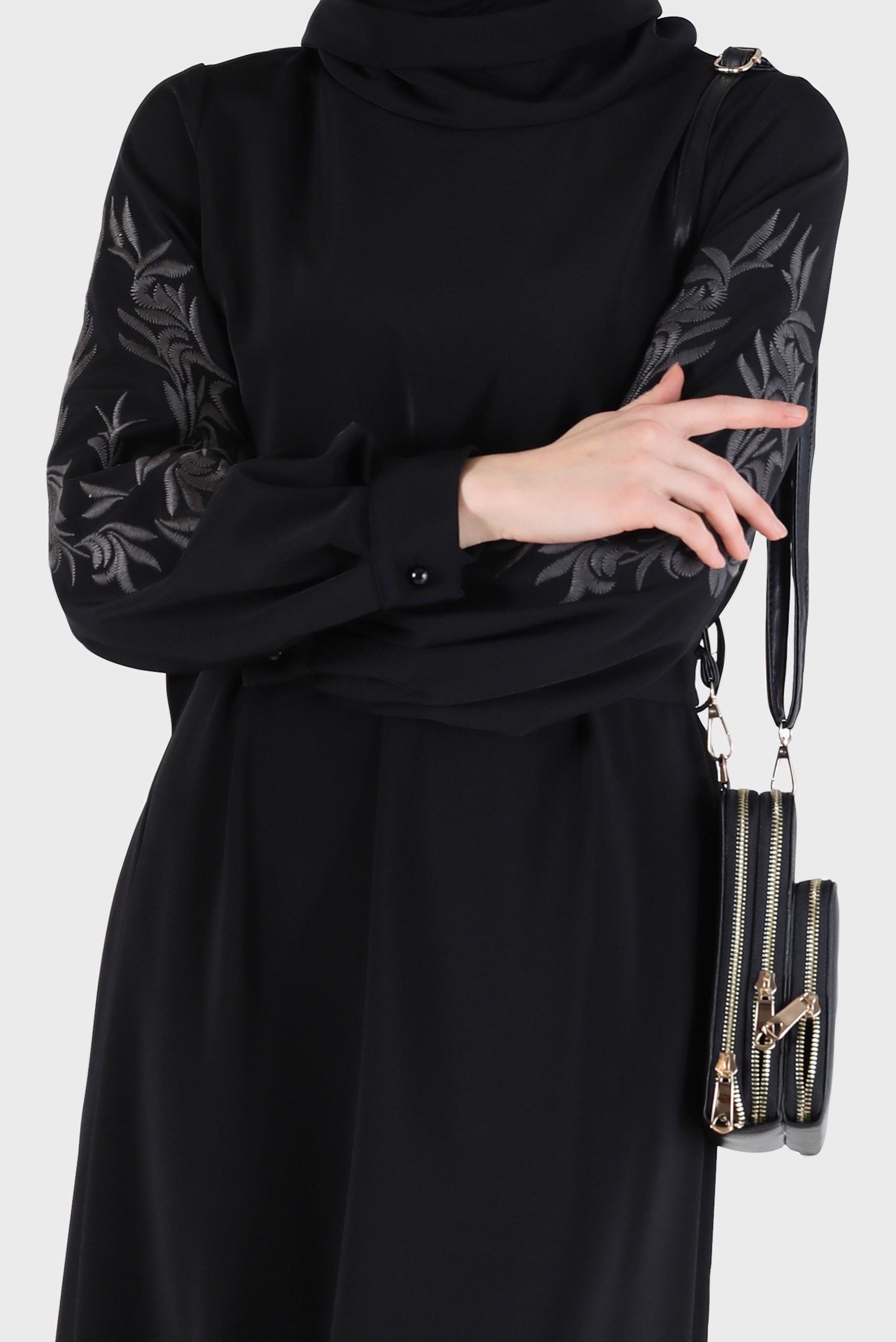 Vêtements hijab NOIR ROBE BRODÉE AVEC CEINTURE À MANCHES 42433