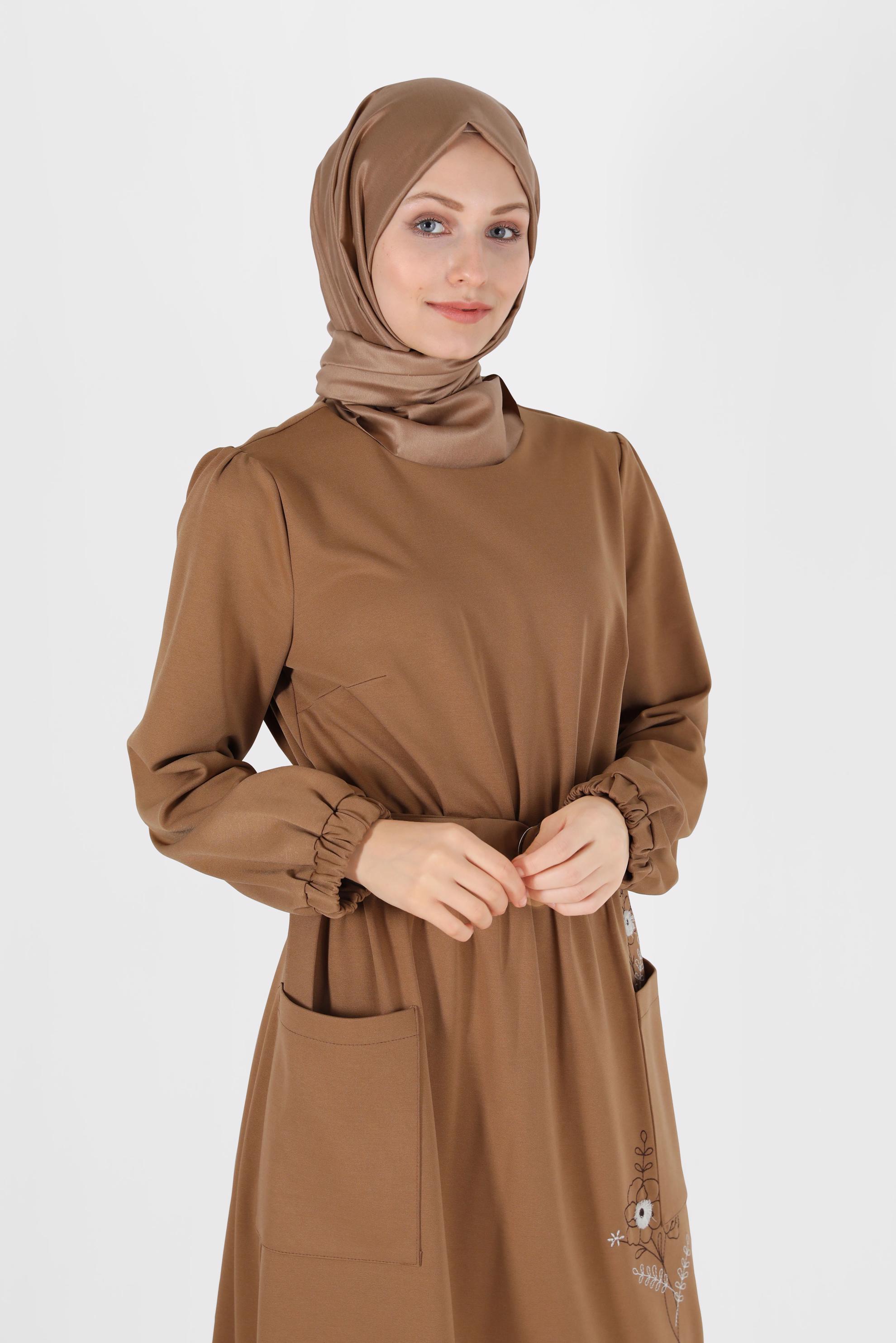 Tesettür giyim TABA KUŞAKLI ELBİSE 42434