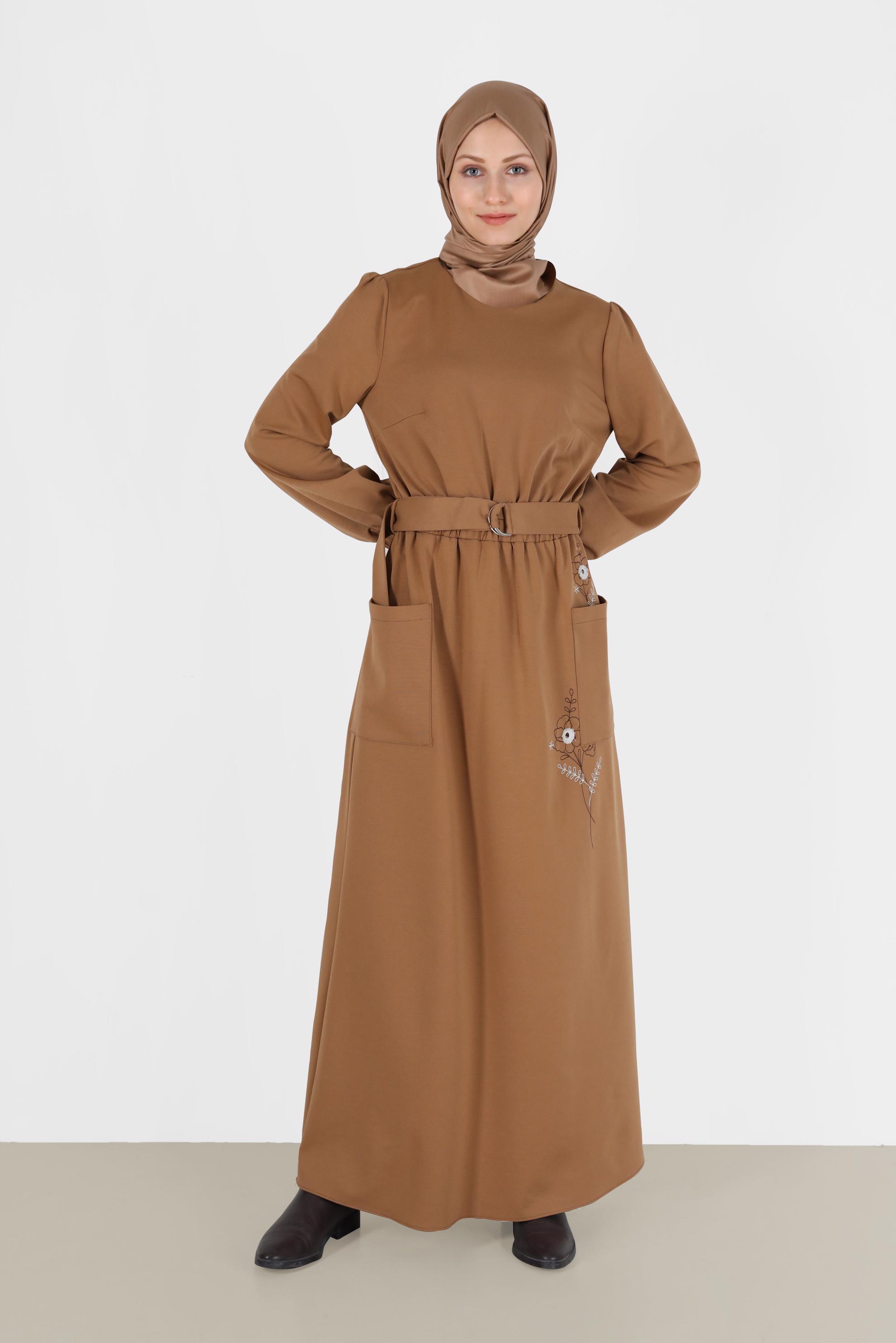 Tesettür giyim TABA KUŞAKLI ELBİSE 42434