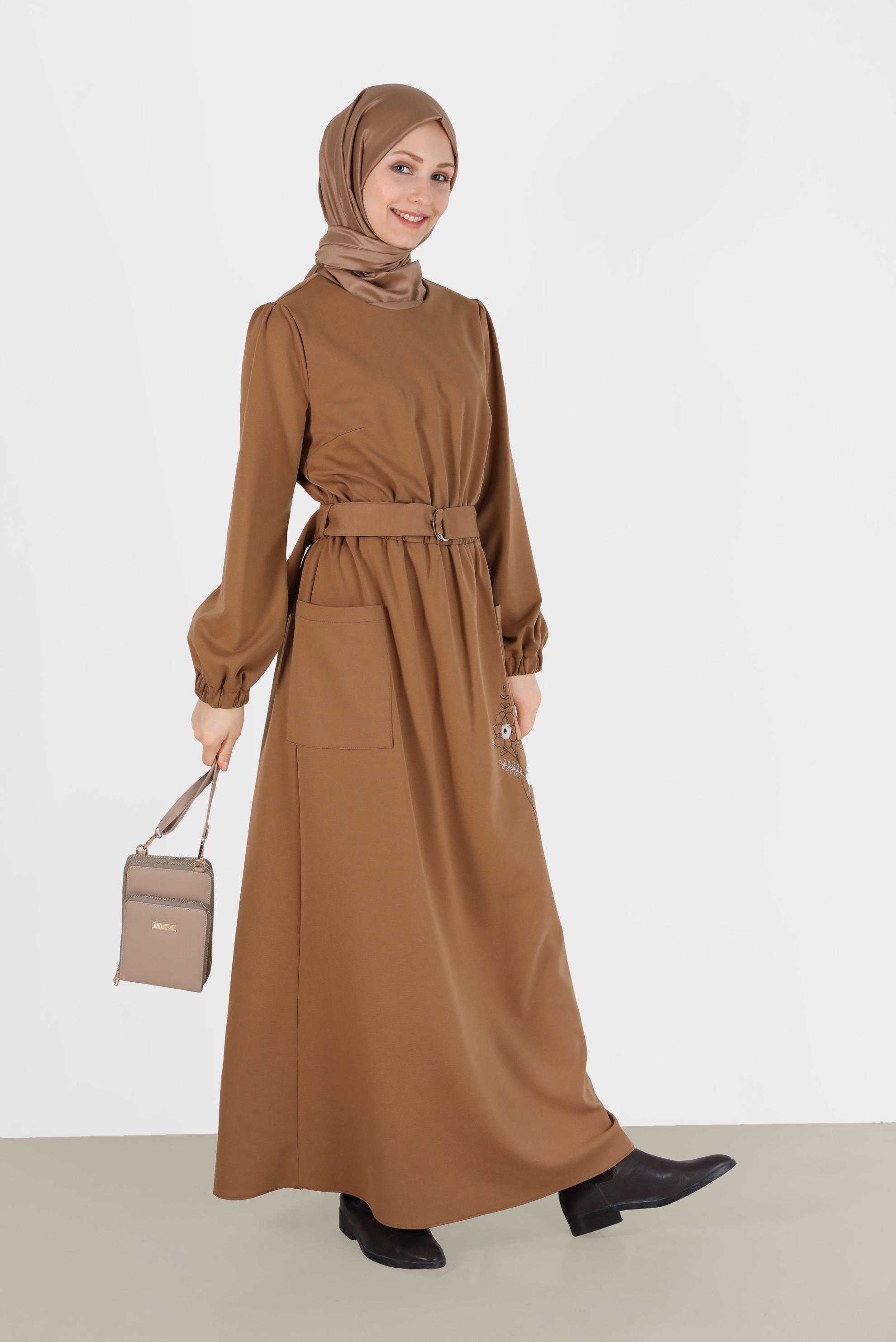 Tesettür giyim TABA KUŞAKLI ELBİSE 42434
